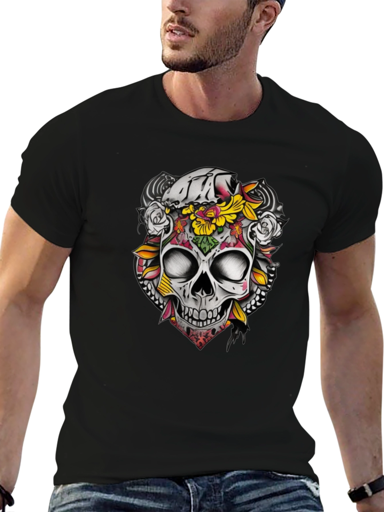 Floral Skull Graphic Tee - Dark Cotton T-Shirt