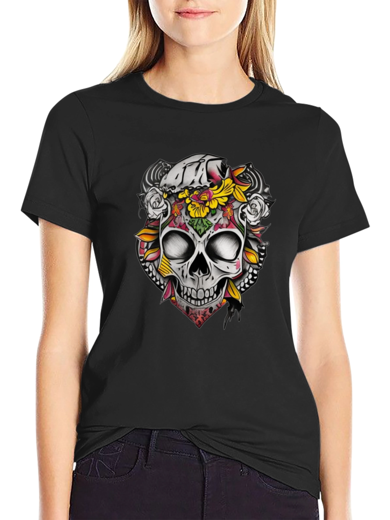 Floral Skull Graphic Tee - Dark Cotton T-Shirt