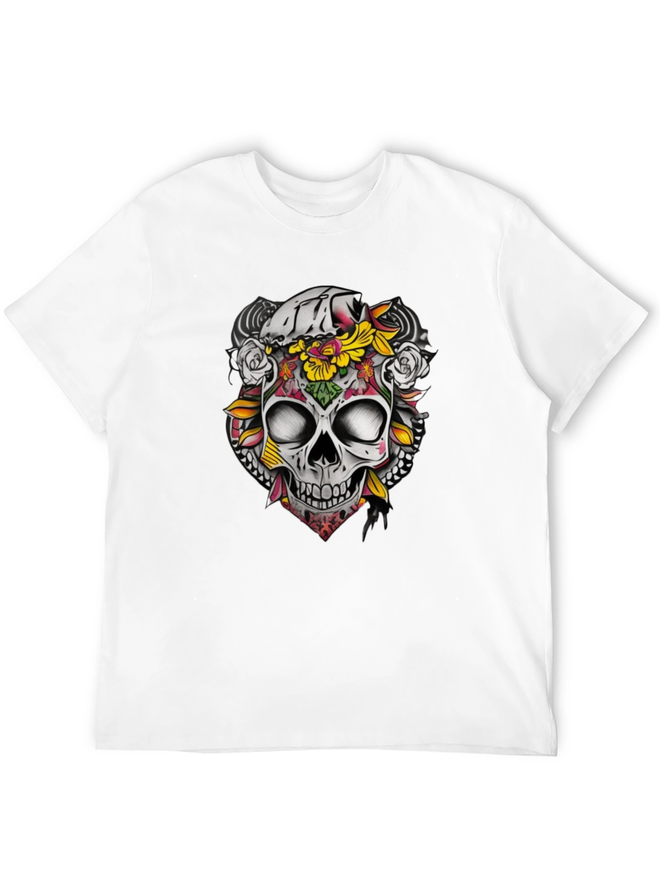 Floral Skull Graphic Tee - Dark Cotton T-Shirt