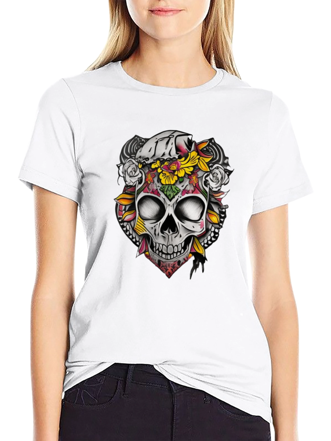 Floral Skull Graphic Tee - Dark Cotton T-Shirt