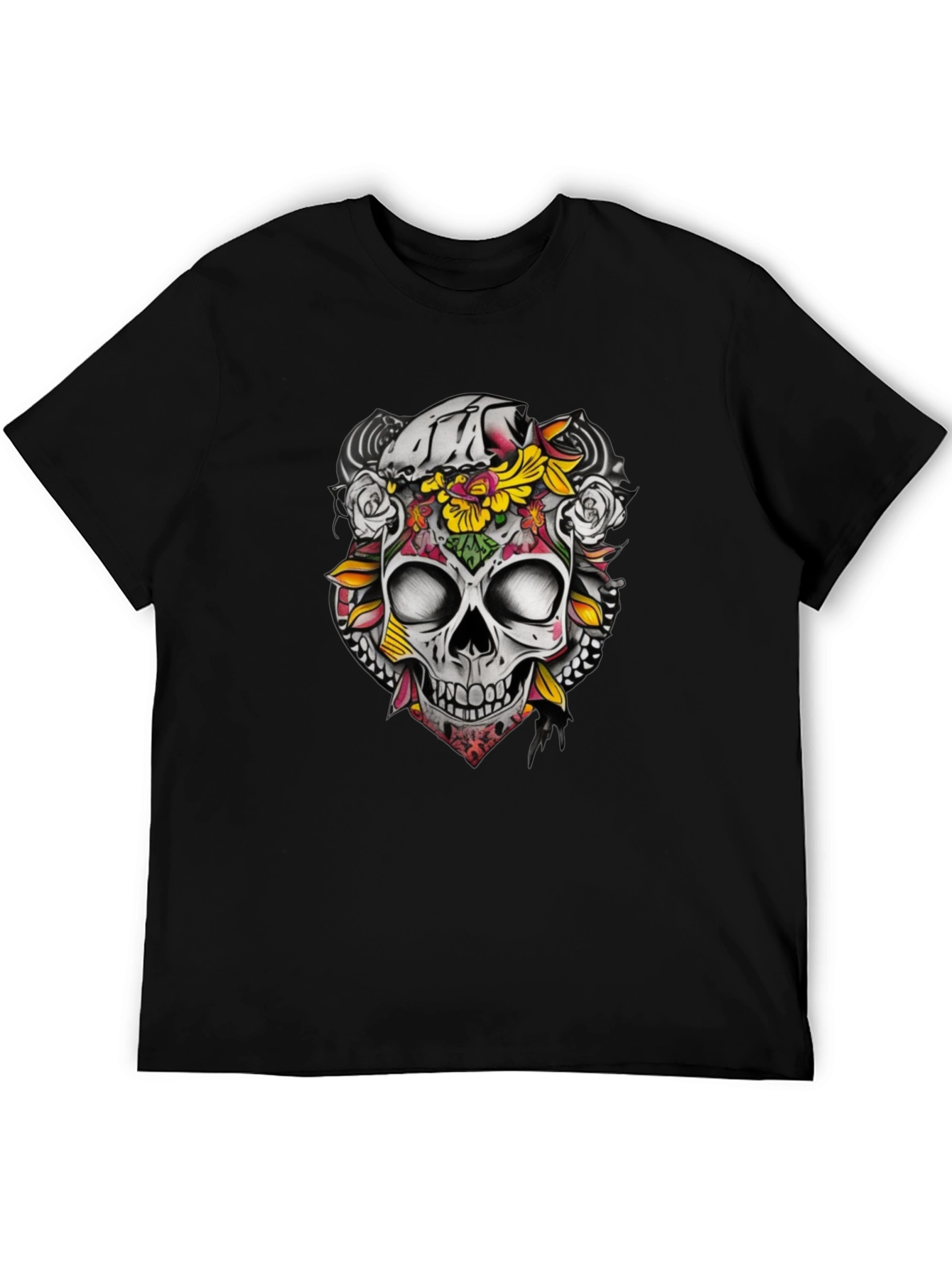 Floral Skull Graphic Tee - Dark Cotton T-Shirt