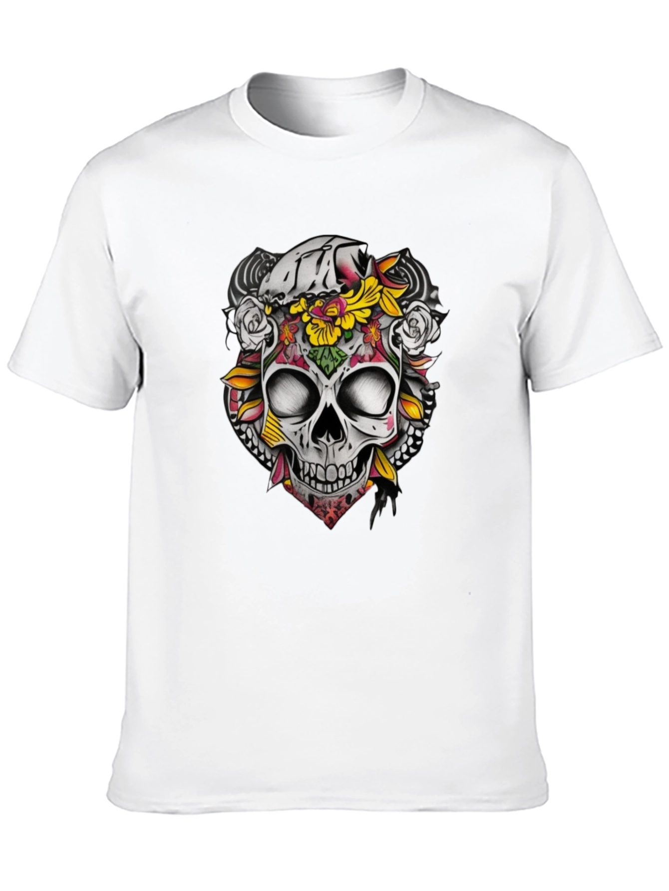 Floral Skull Graphic Tee - Dark Cotton T-Shirt