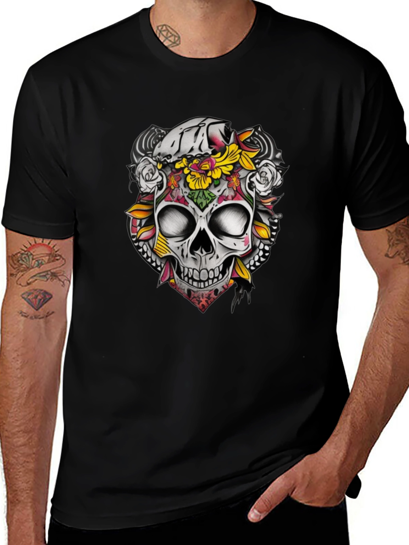 Floral Skull Graphic Tee - Dark Cotton T-Shirt