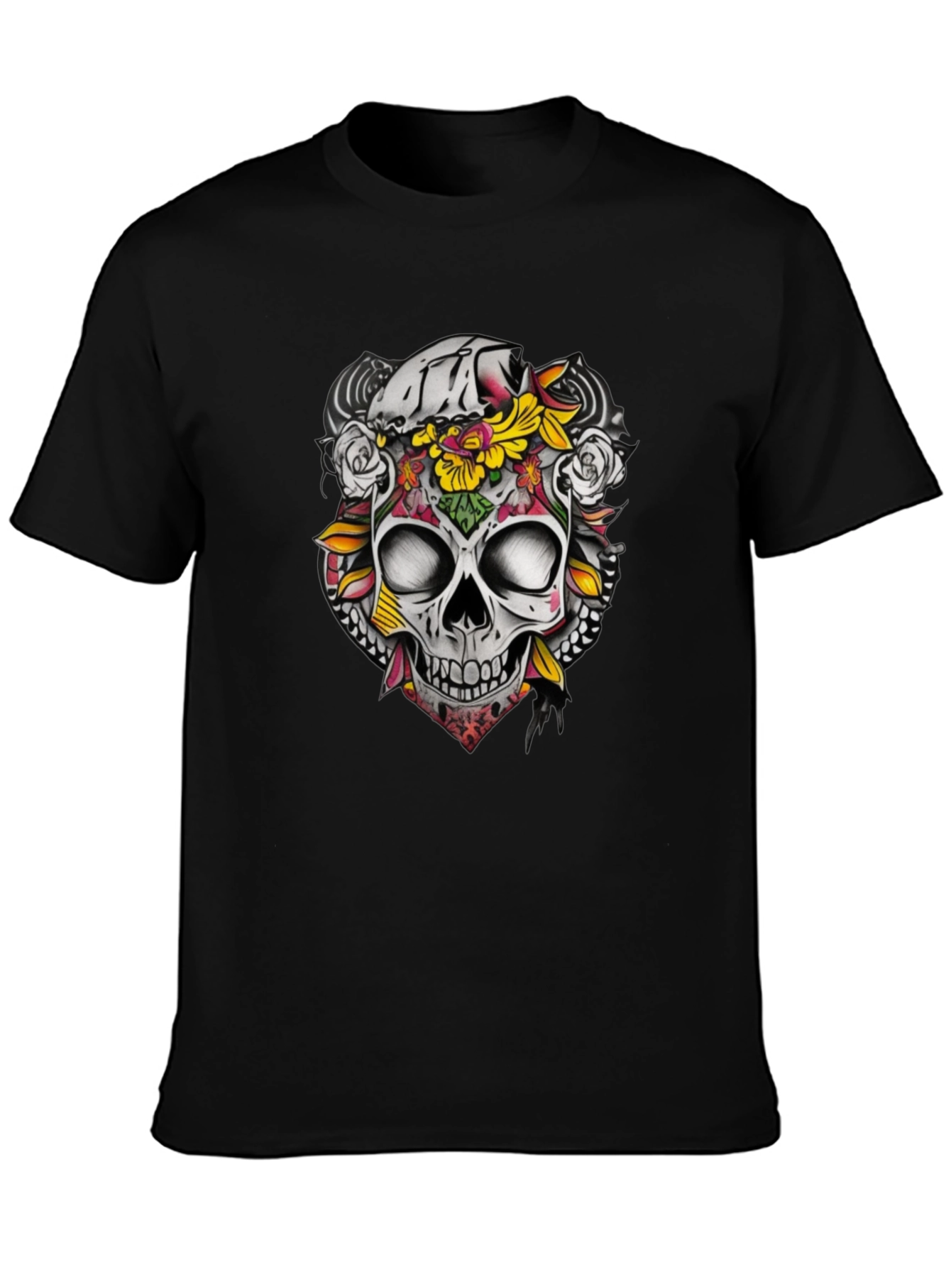Floral Skull Graphic Tee - Dark Cotton T-Shirt