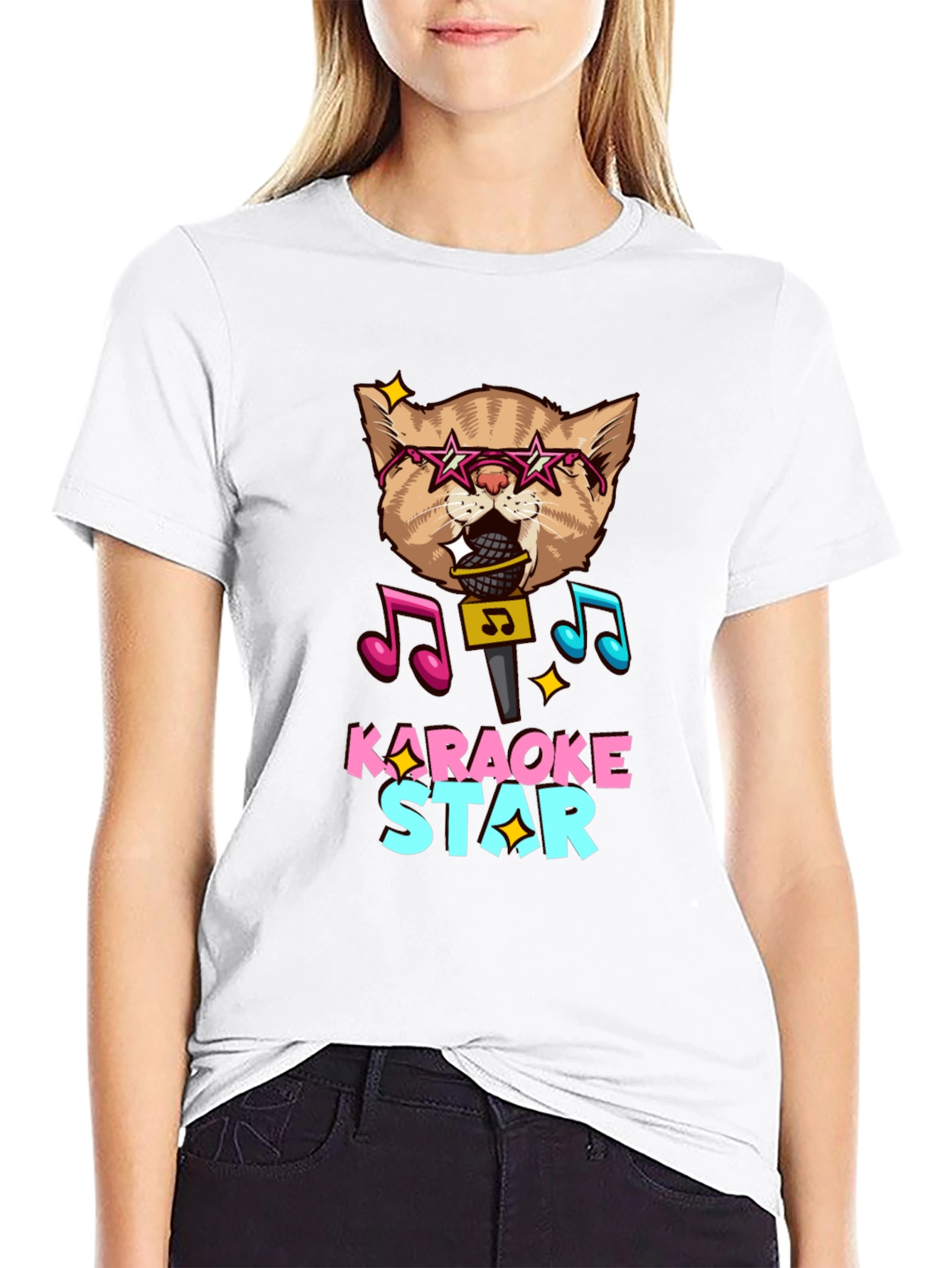 Karaoke Star Cat Graphic Tee - Black