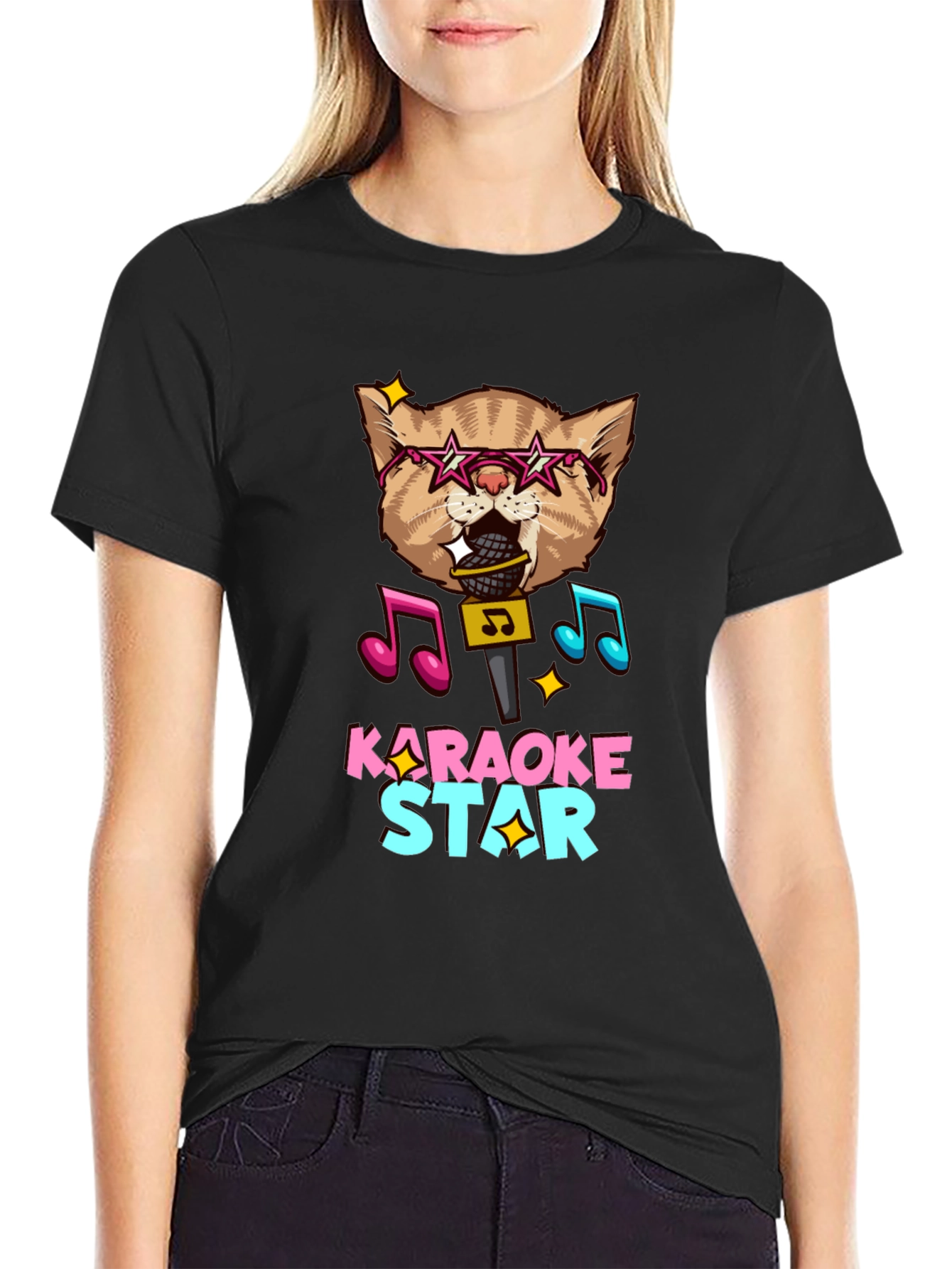 Karaoke Star Cat Graphic Tee - Black