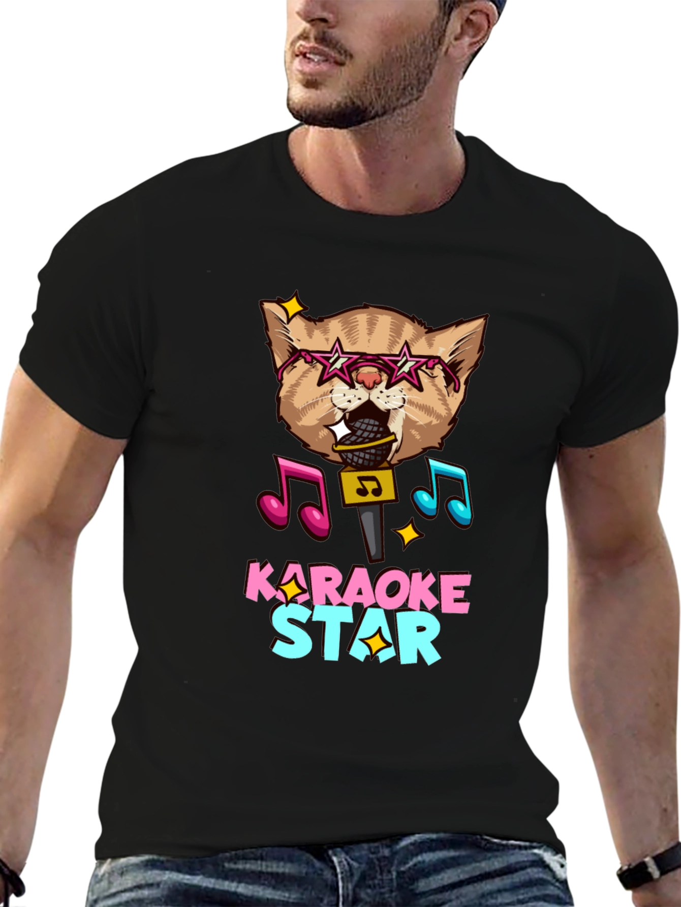 Karaoke Star Cat Graphic Tee - Black