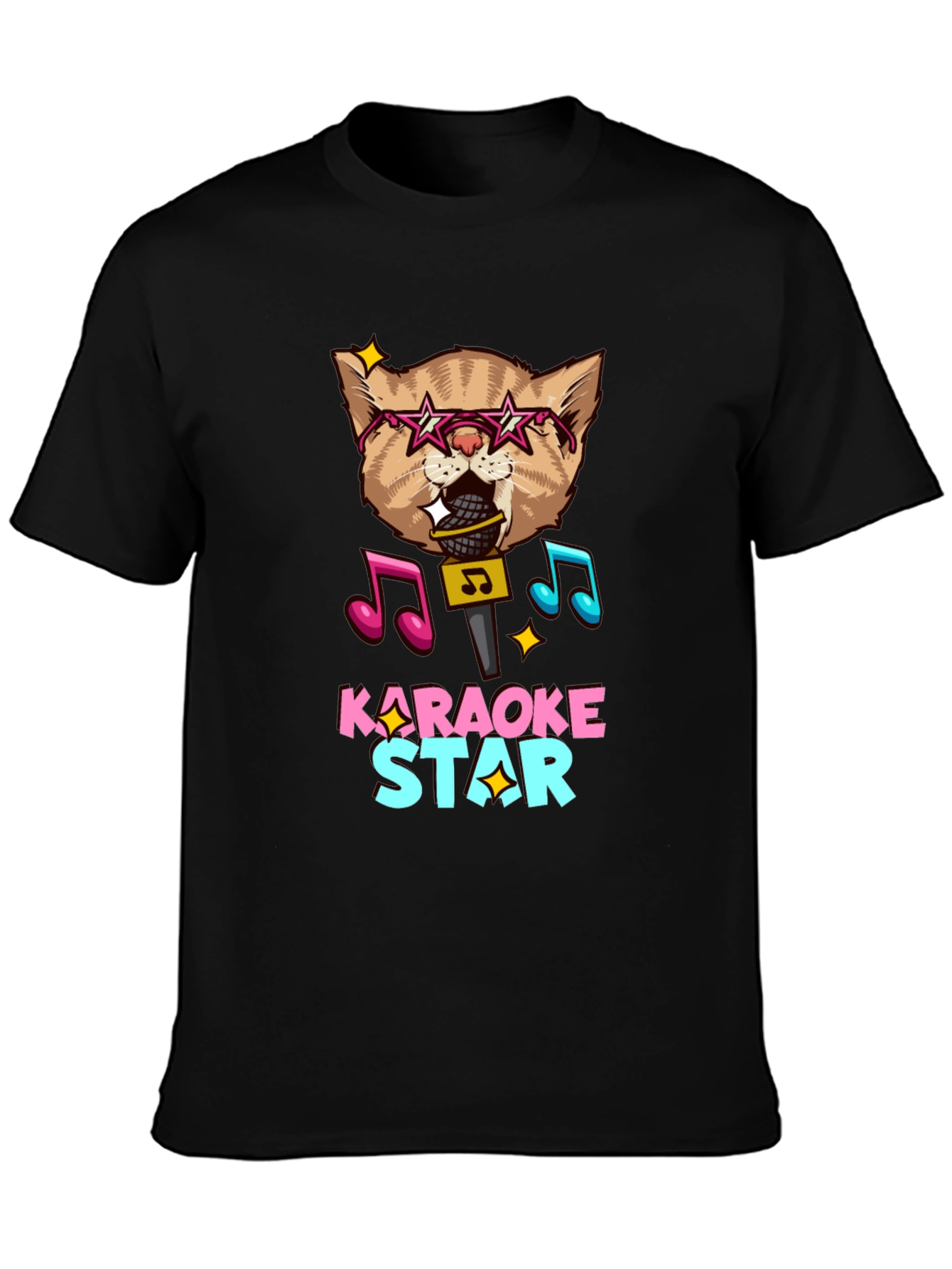Karaoke Star Cat Graphic Tee - Black
