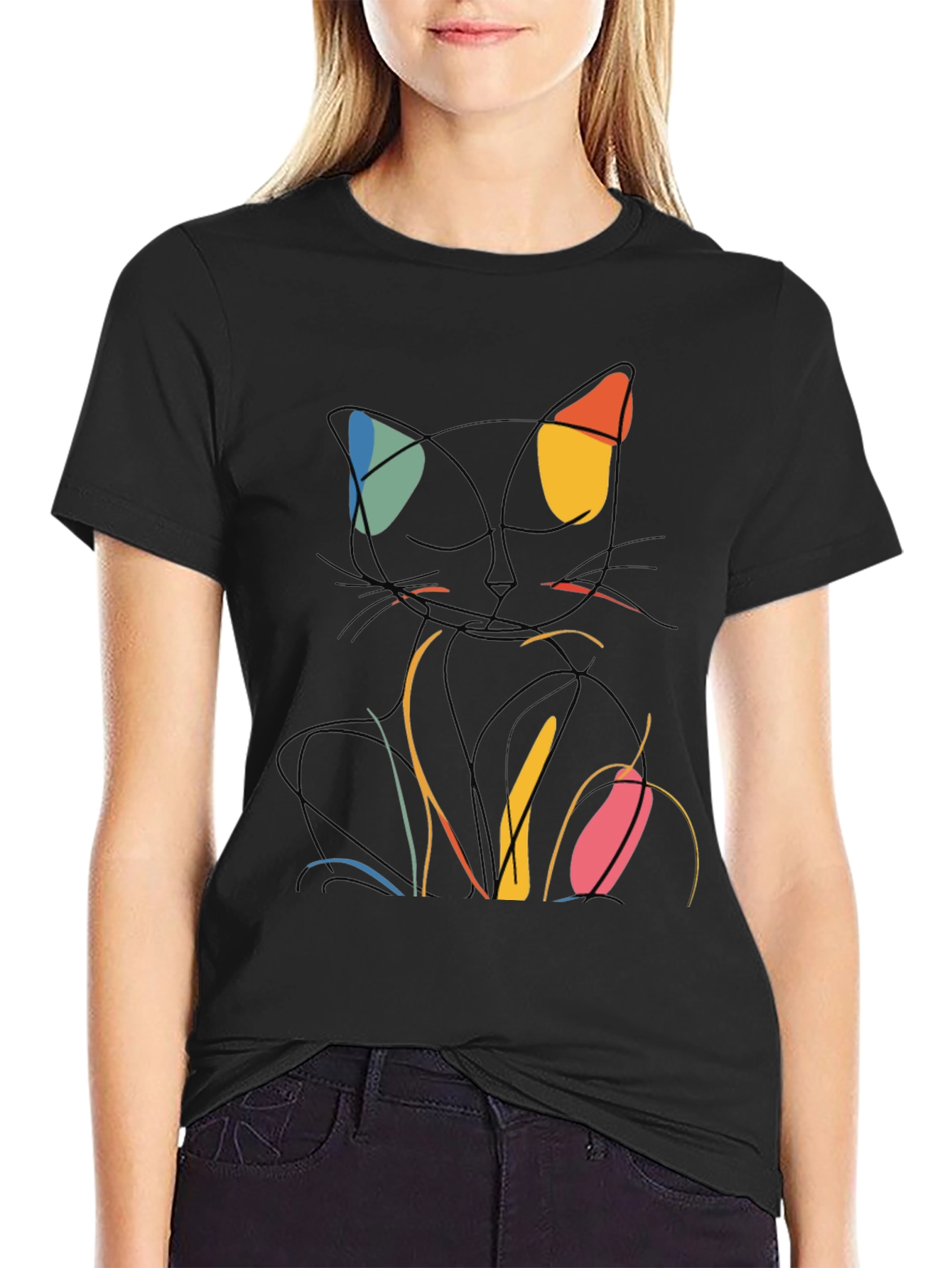 Abstract Cat Line Art Graphic T-Shirt