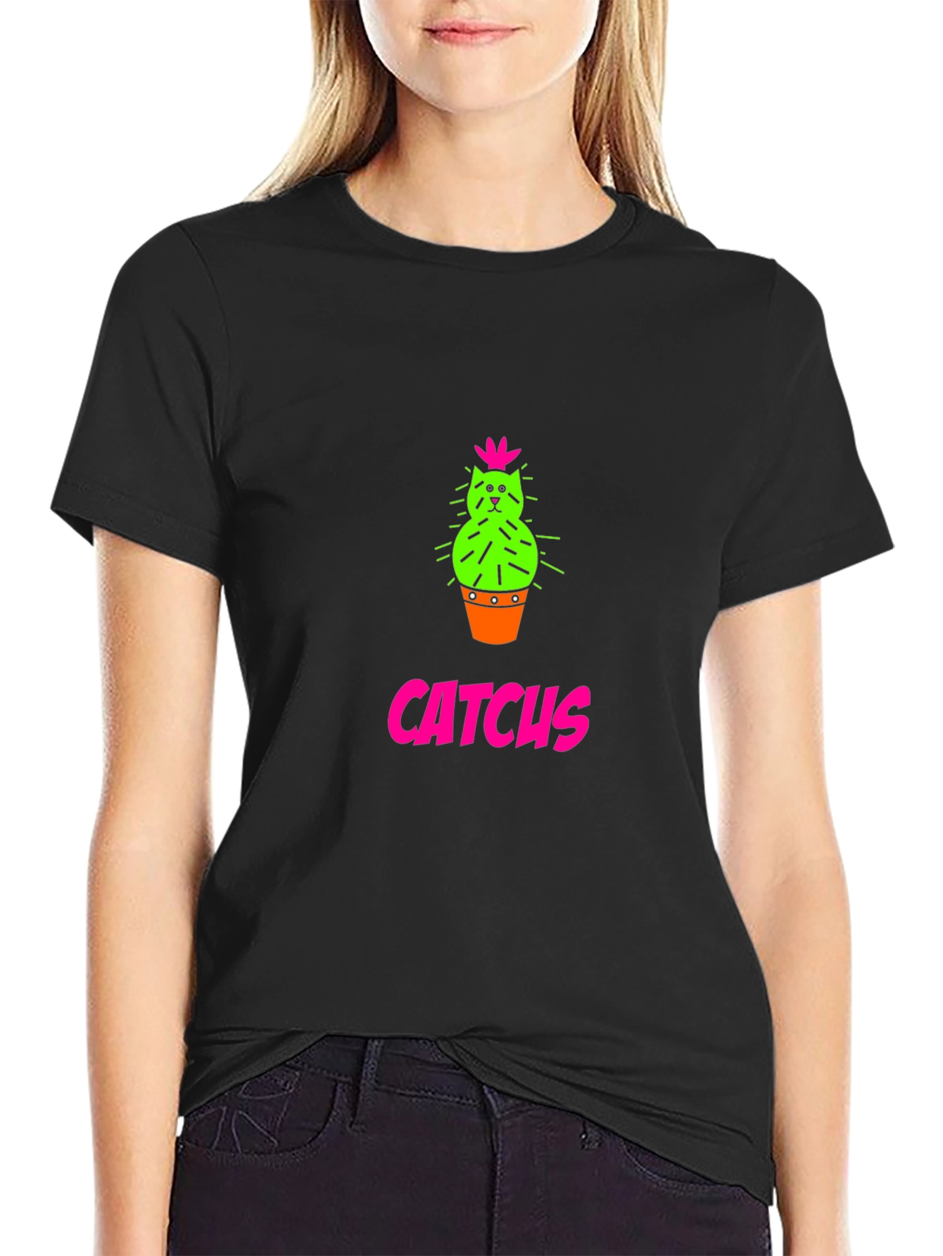 CATCHUS Cactus Cat Graphic T-Shirt - Black
