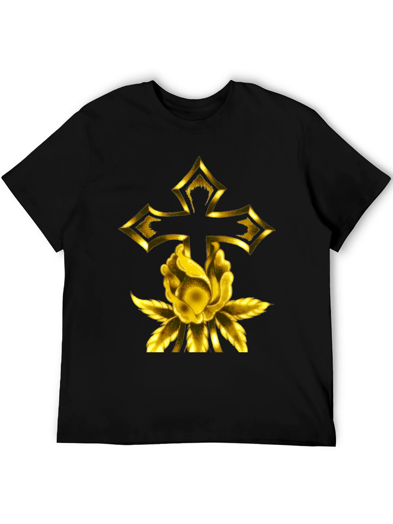 Gold Cross & Rose Black T-Shirt