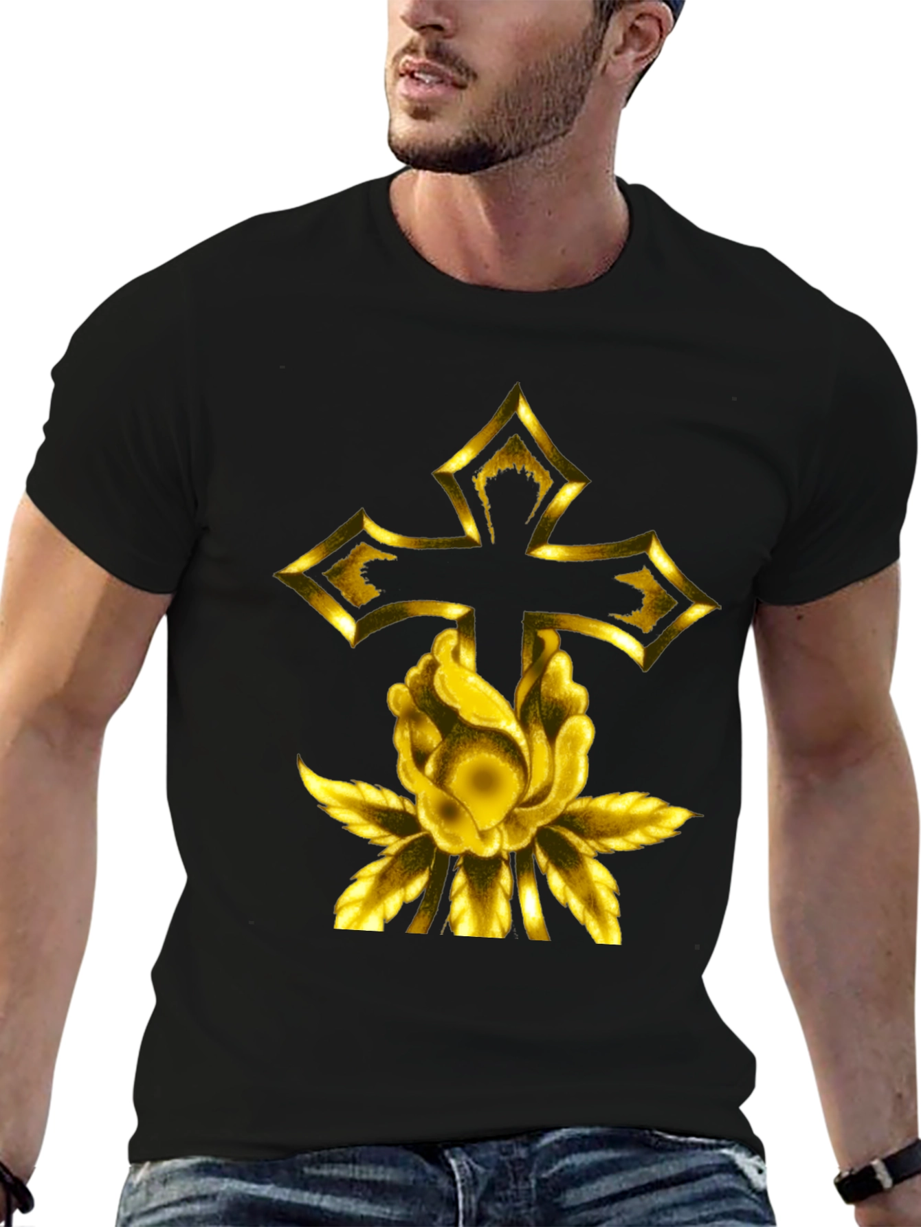 Gold Cross & Rose Black T-Shirt