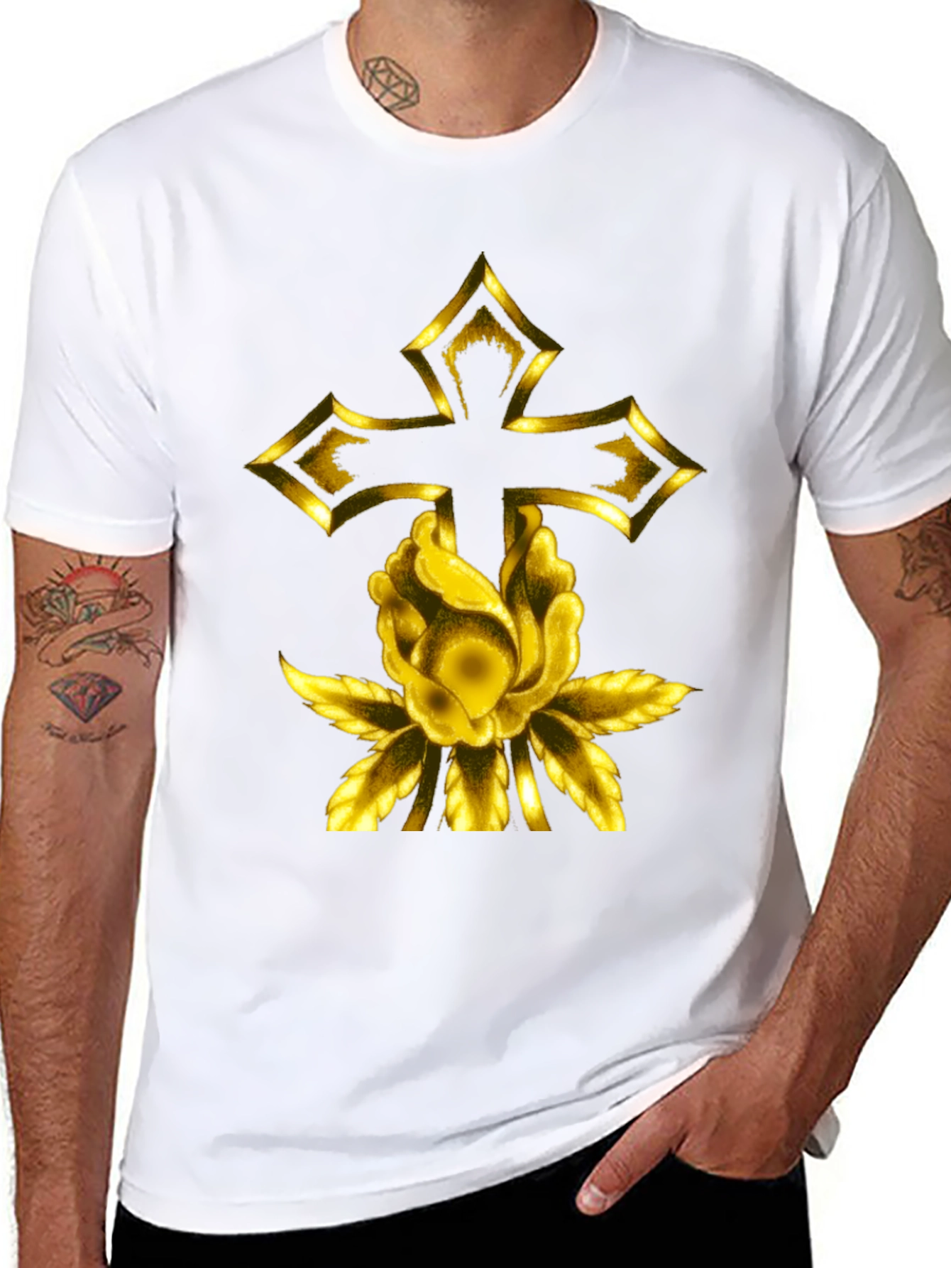 Gold Cross & Rose Black T-Shirt