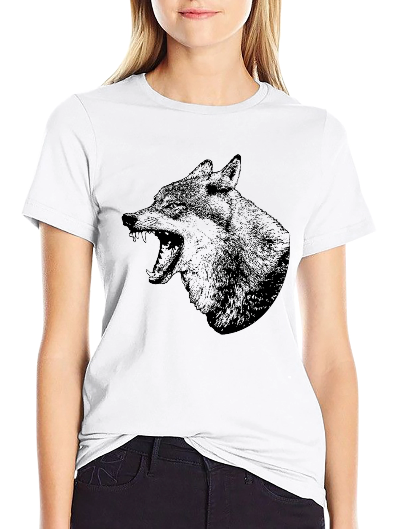Mens Black T-Shirt with Wolf Graphic Print