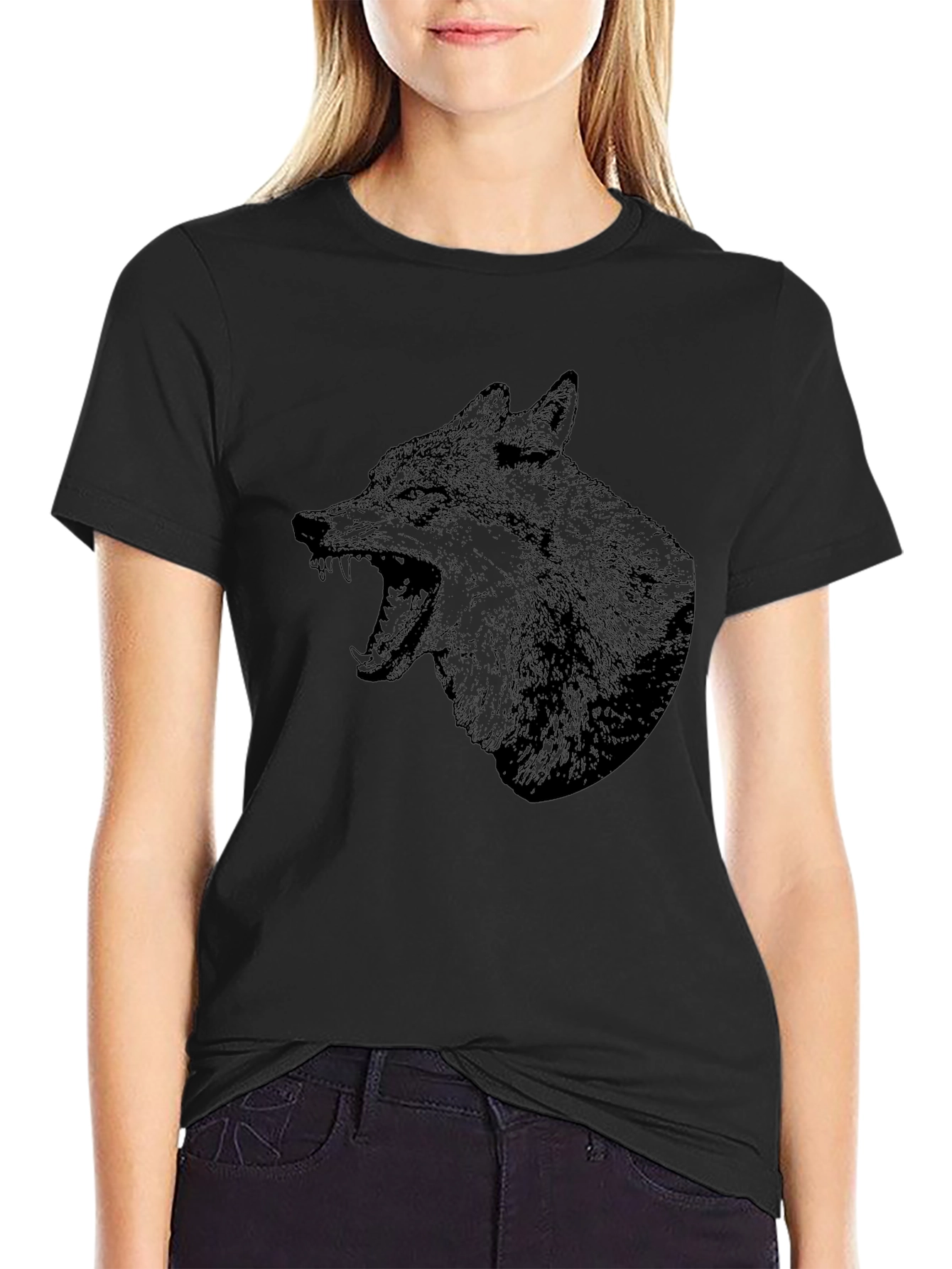 Mens Black T-Shirt with Wolf Graphic Print