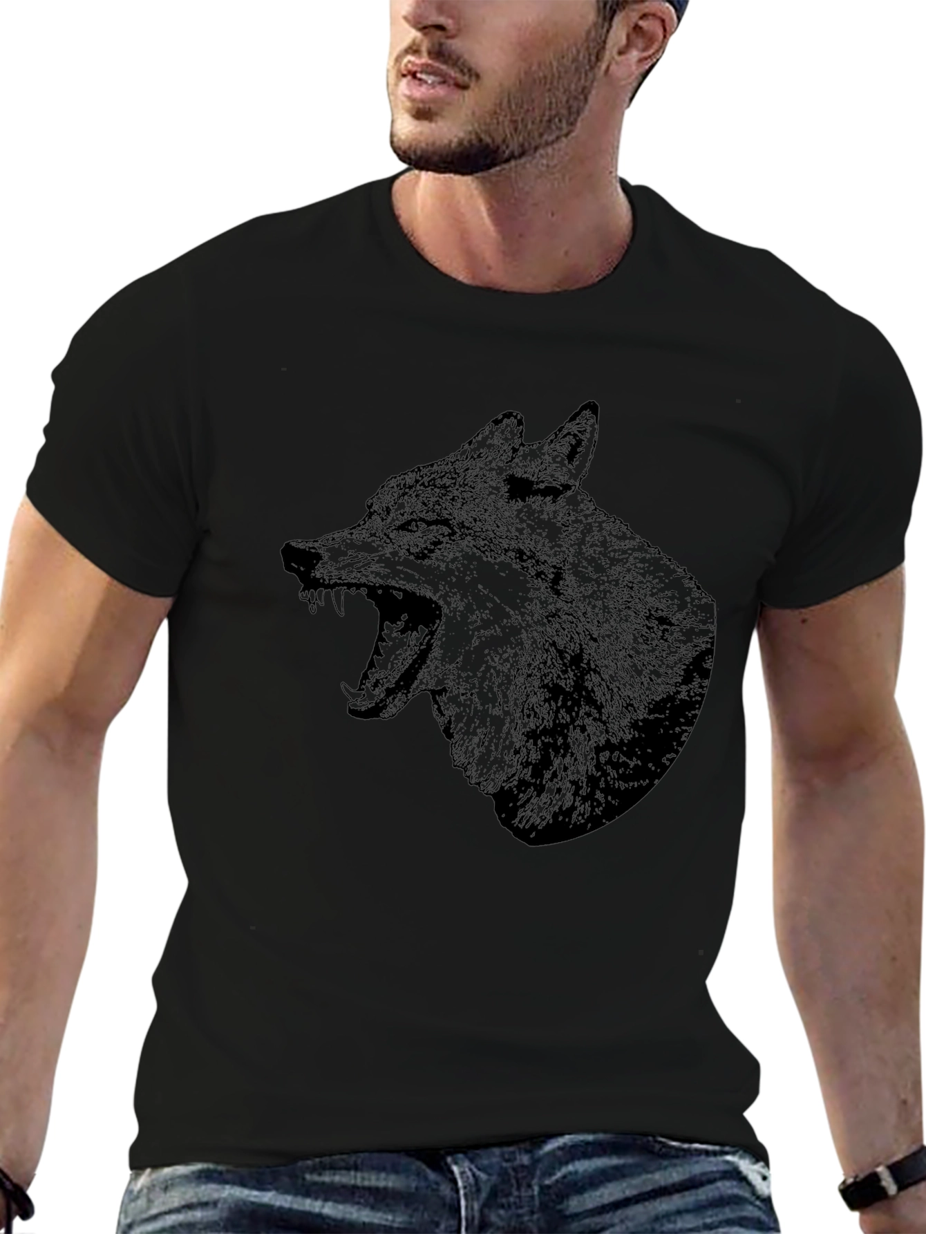 Mens Black T-Shirt with Wolf Graphic Print