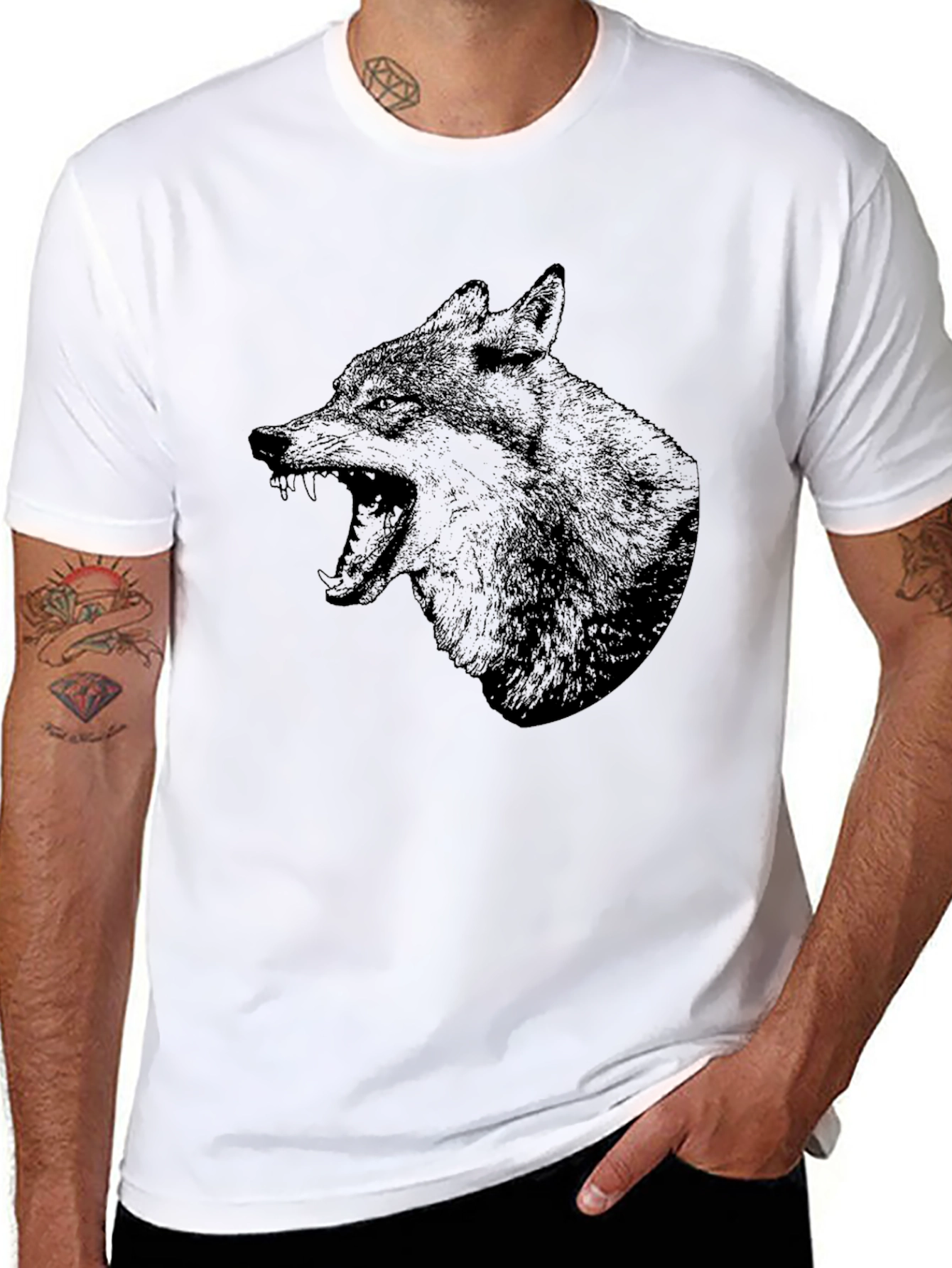Mens Black T-Shirt with Wolf Graphic Print