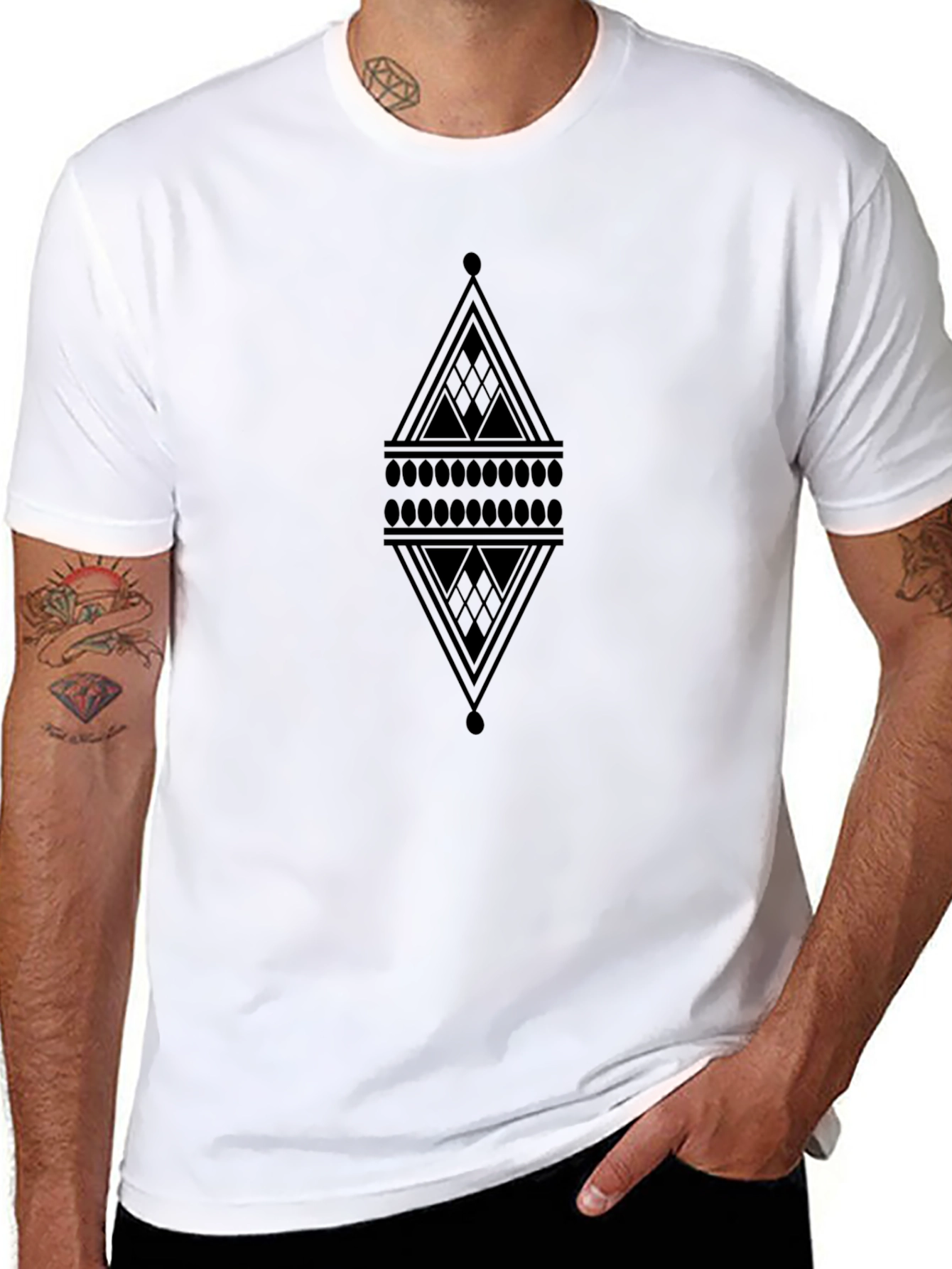 Mens Black Graphic Tee - Abstract Diamond Design