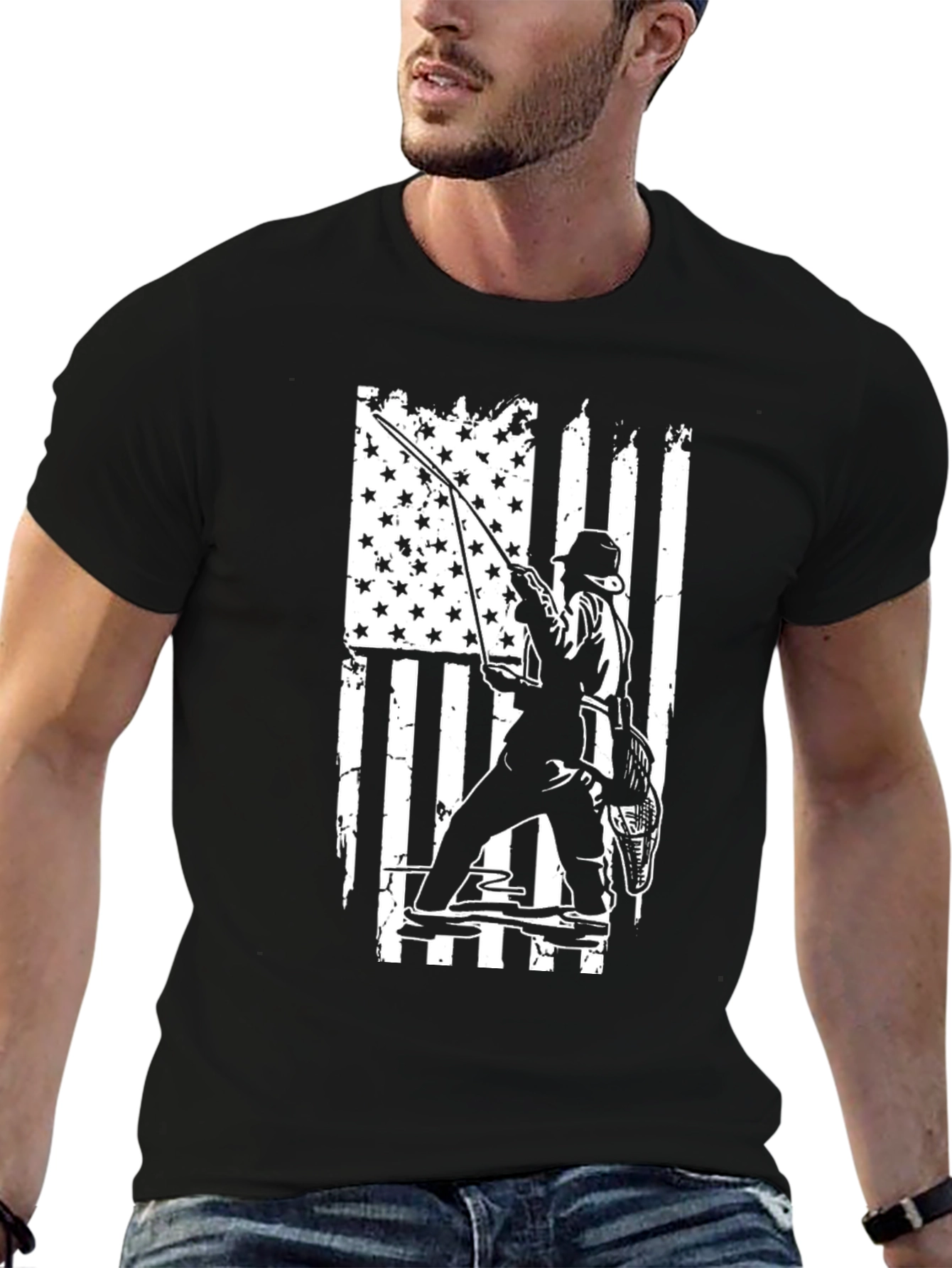 Fishing USA Flag Graphic Tee - Black
