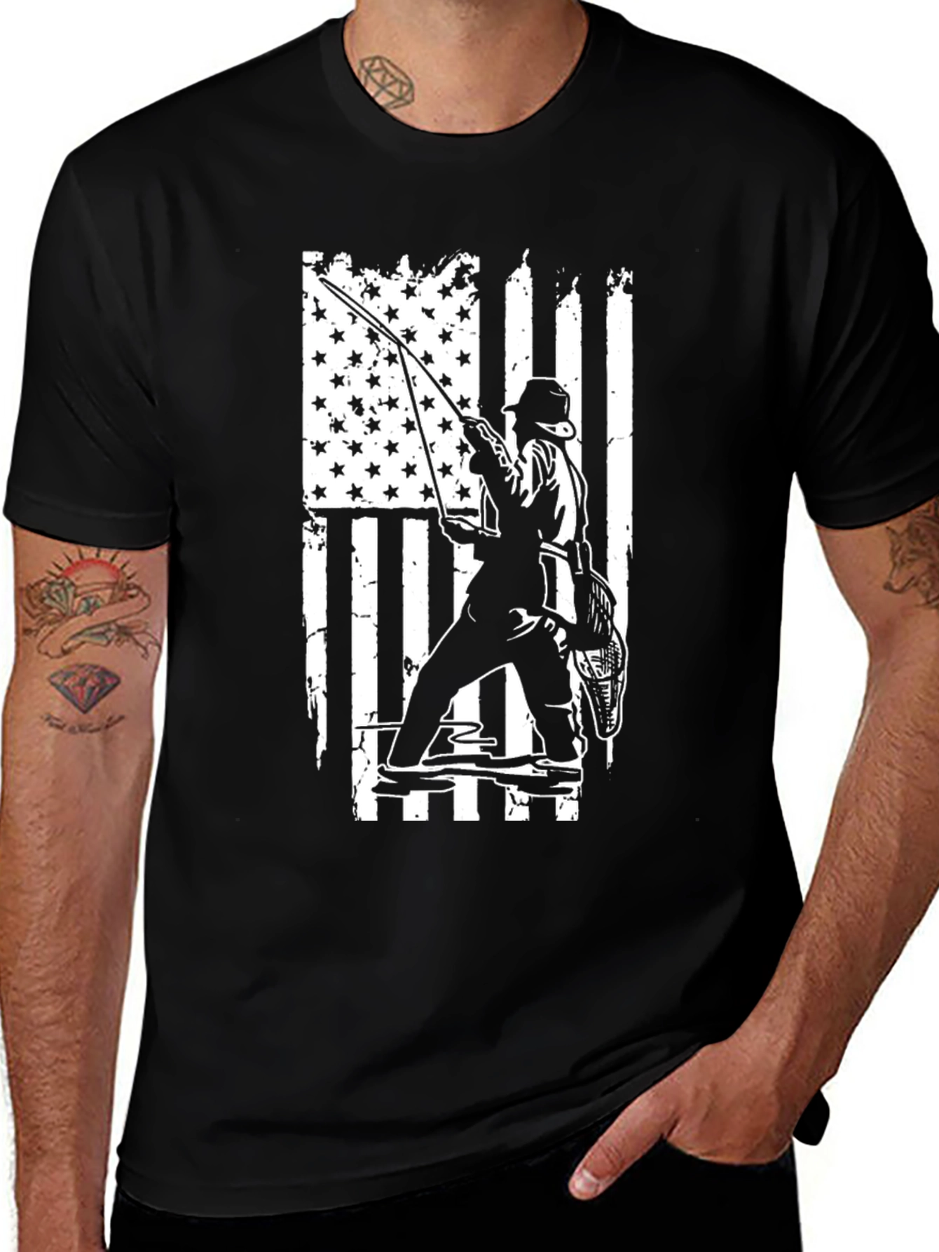 Fishing USA Flag Graphic Tee - Black
