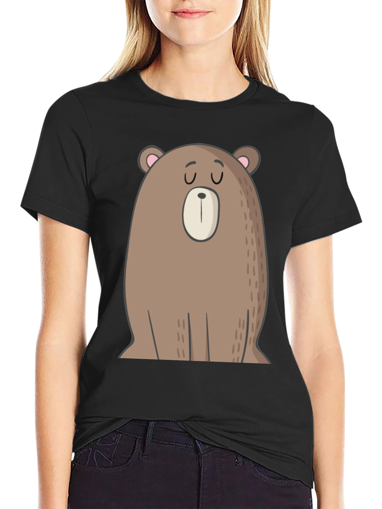 Cartoon Bear Graphic Tee - Casual Black T-Shirt