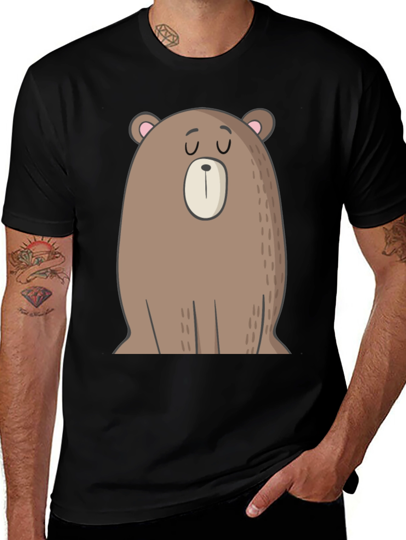 Cartoon Bear Graphic Tee - Casual Black T-Shirt