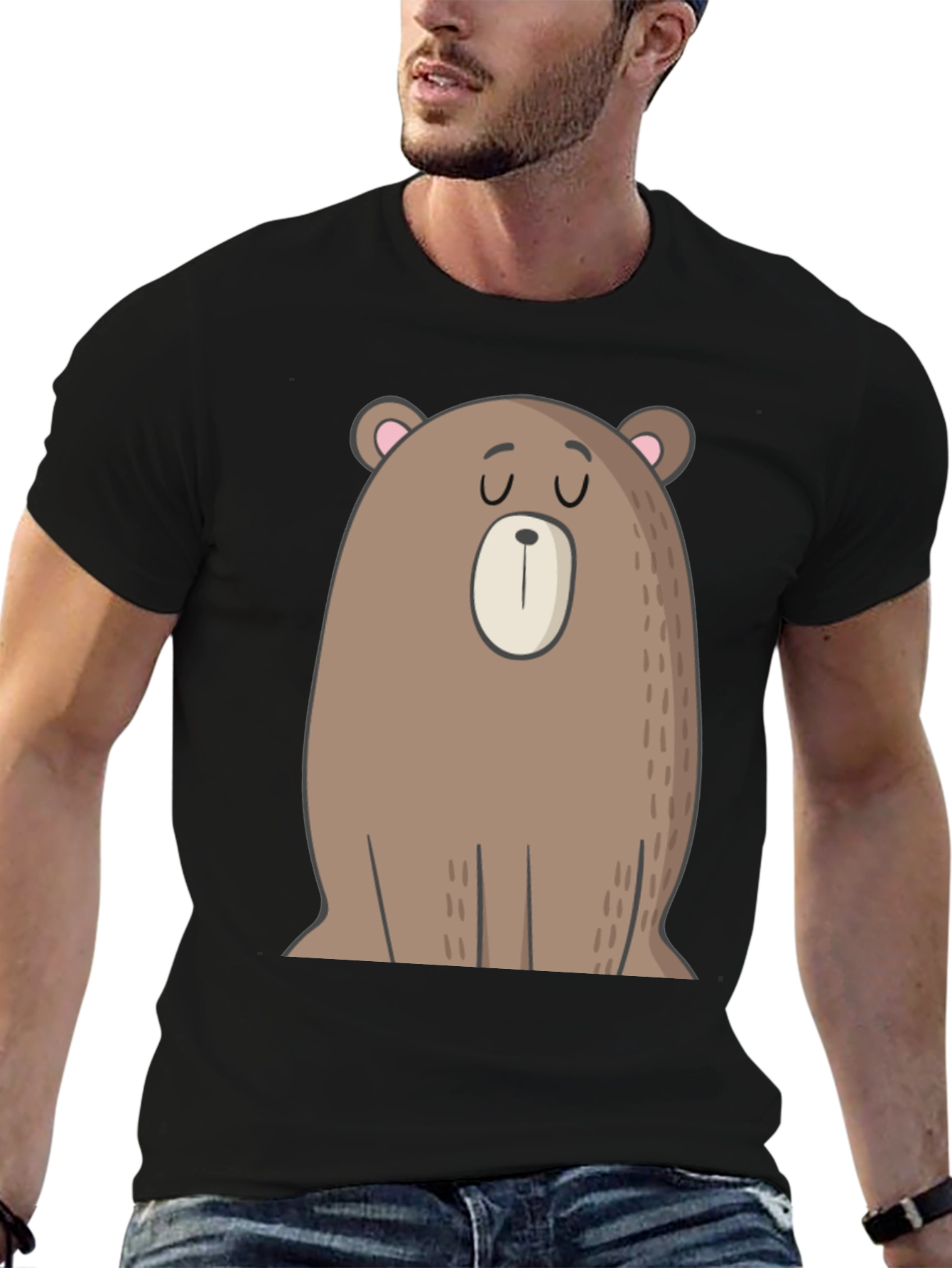 Cartoon Bear Graphic Tee - Casual Black T-Shirt