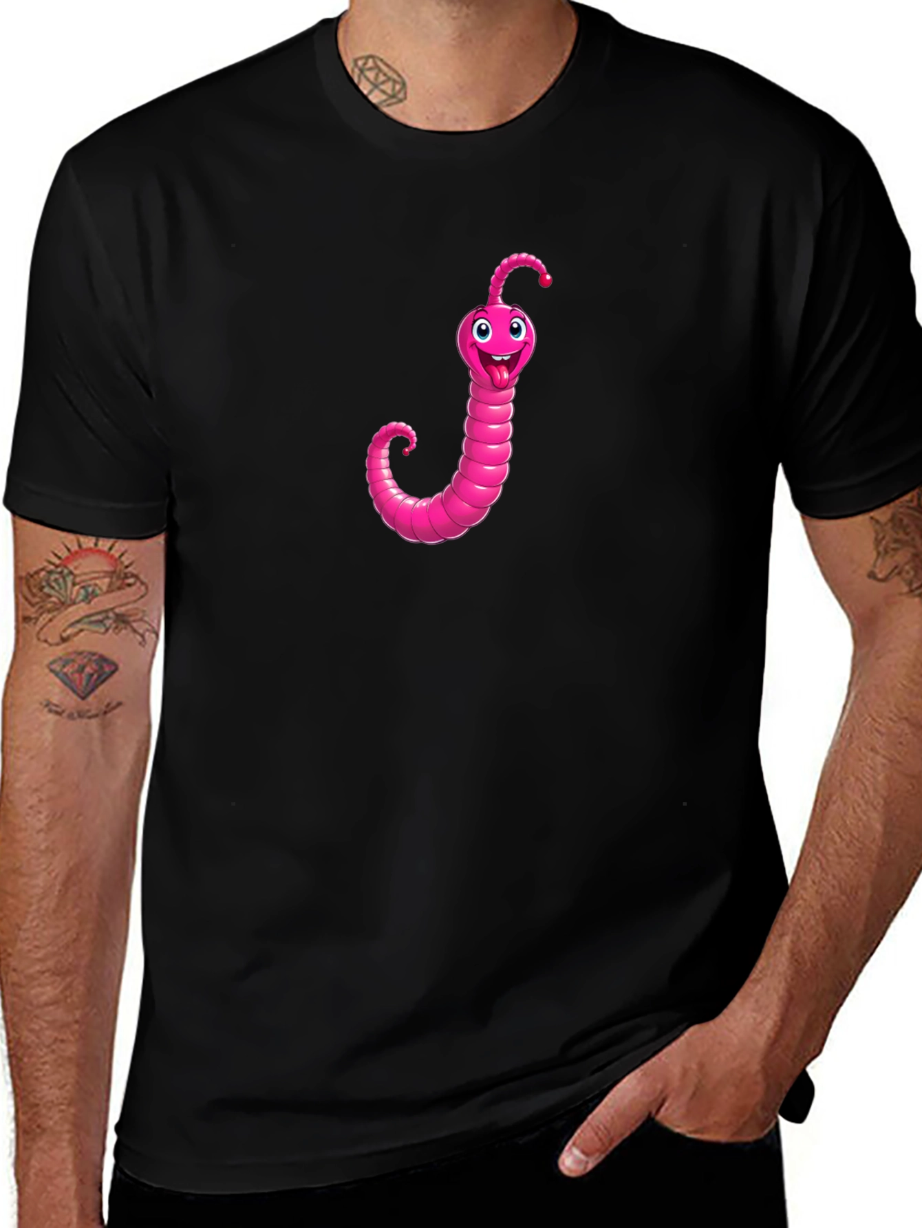 Pink Worm Graphic Black T-Shirt - Novelty Tee
