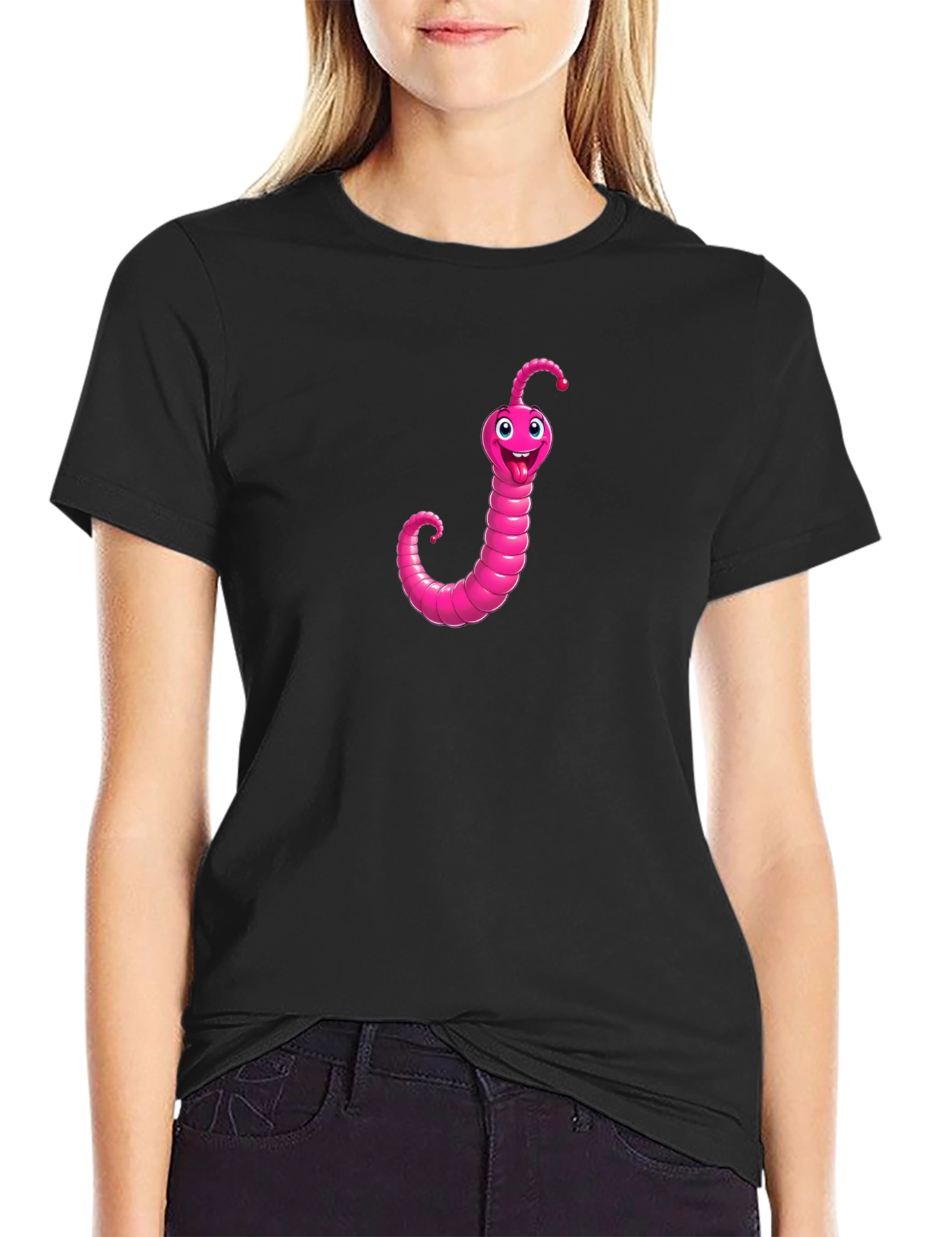 Pink Worm Graphic Black T-Shirt - Novelty Tee