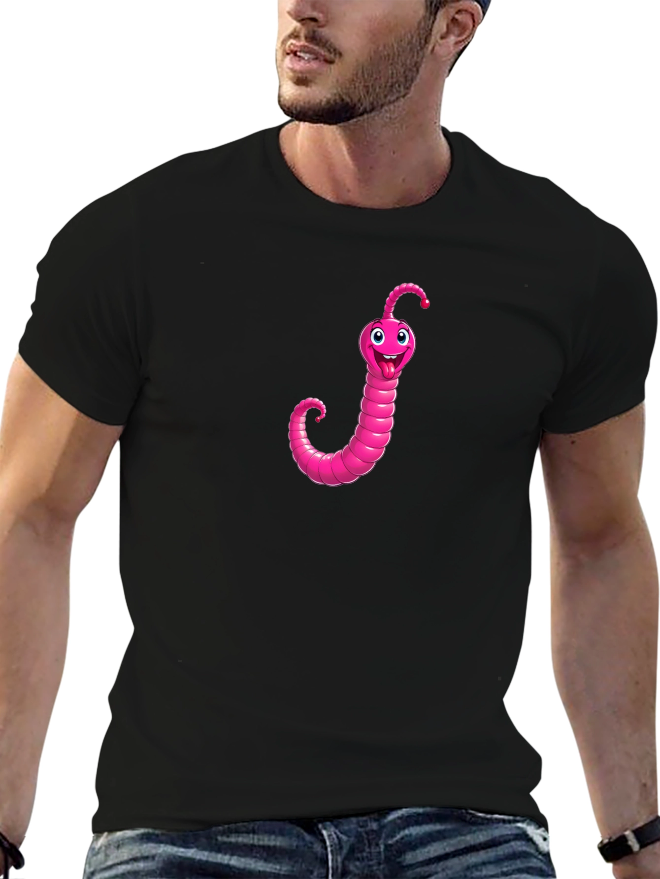 Pink Worm Graphic Black T-Shirt - Novelty Tee