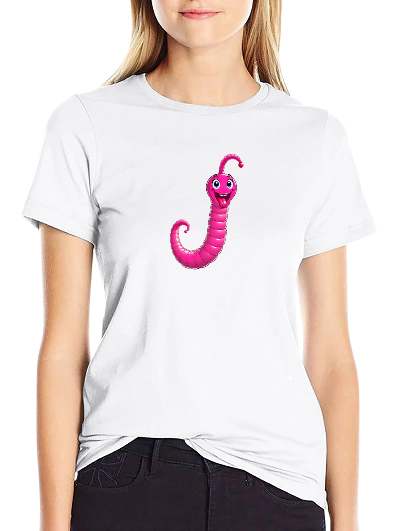 Pink Worm Graphic Black T-Shirt - Novelty Tee