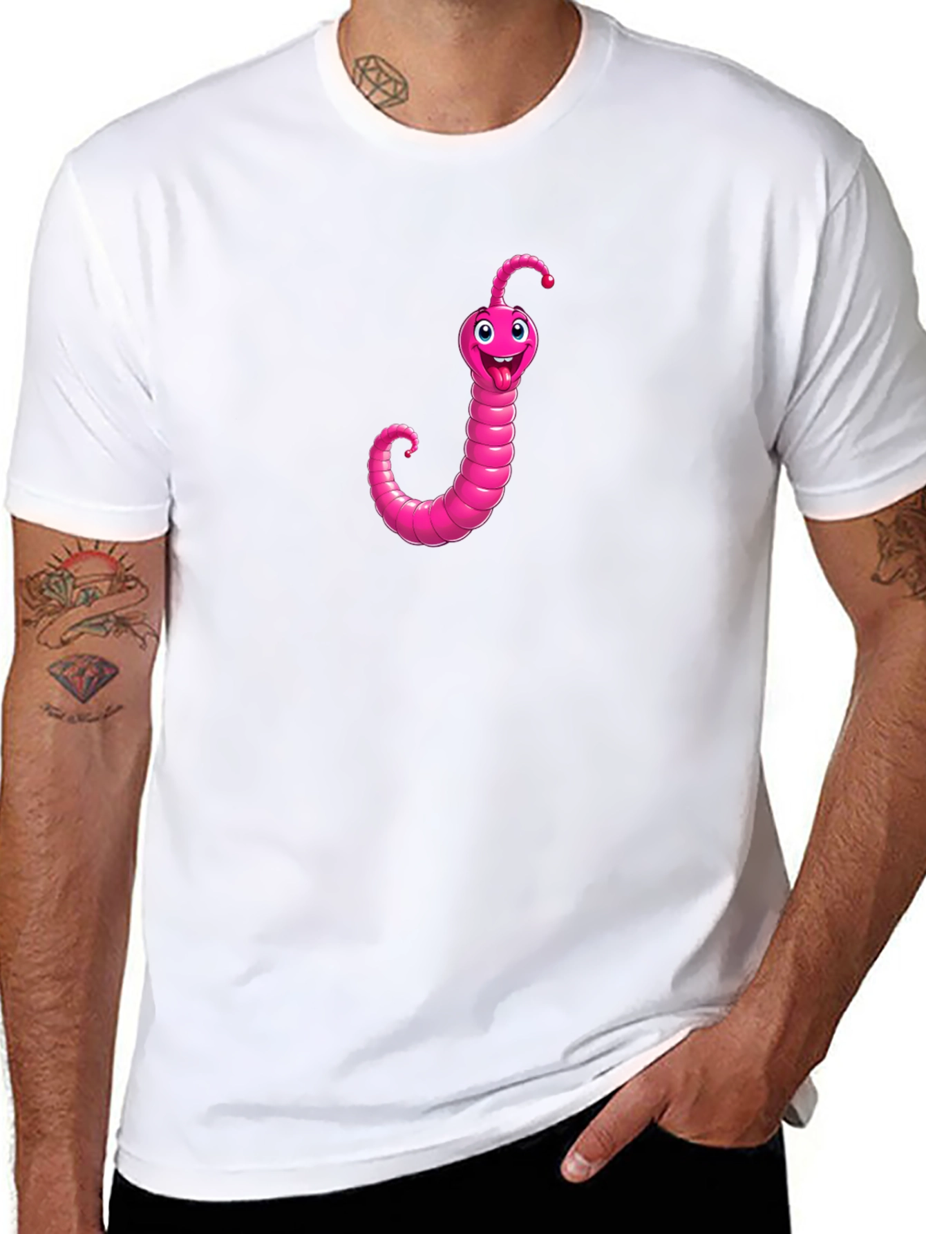 Pink Worm Graphic Black T-Shirt - Novelty Tee