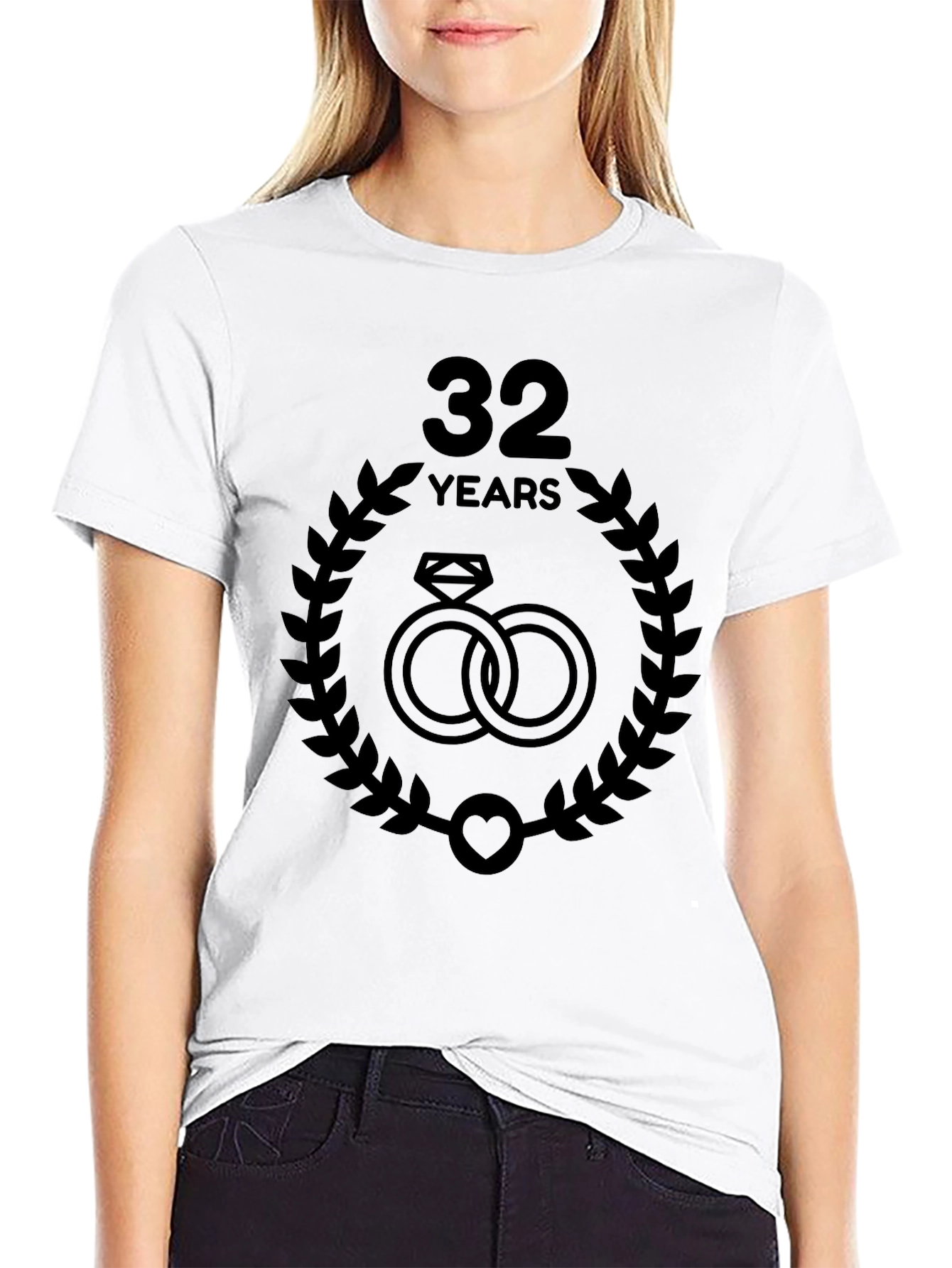 32nd Anniversary T-Shirt - Wedding Rings & Laurel Design