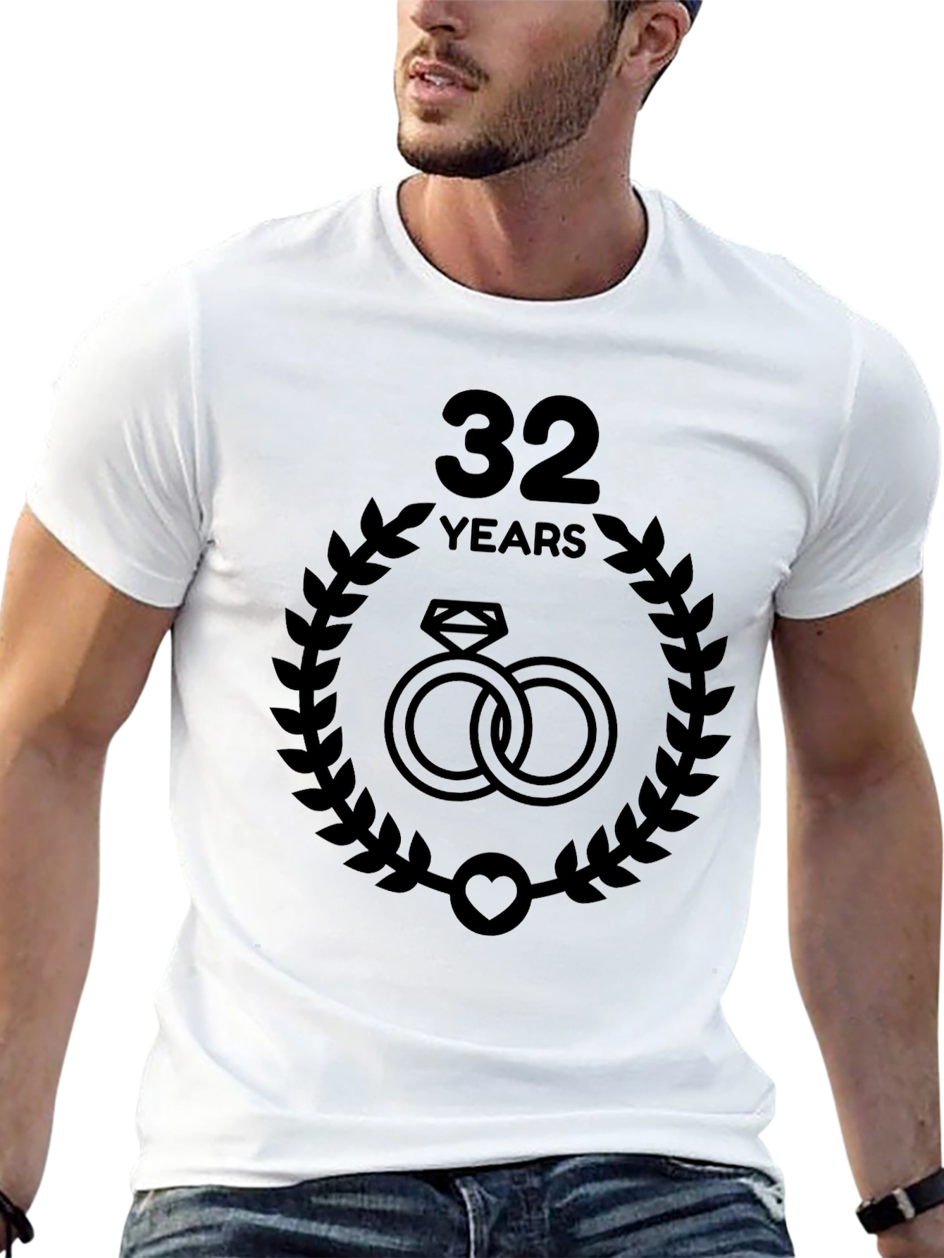 32nd Anniversary T-Shirt - Wedding Rings & Laurel Design