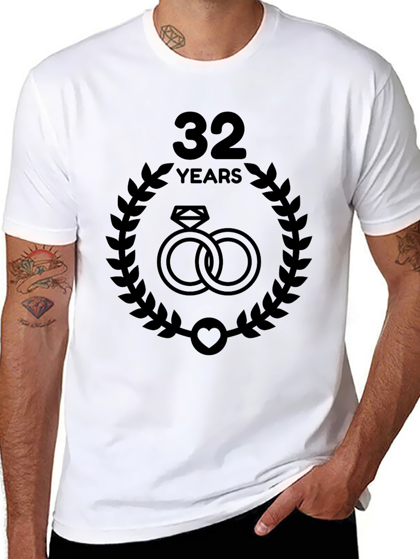 32nd Anniversary T-Shirt - Wedding Rings & Laurel Design