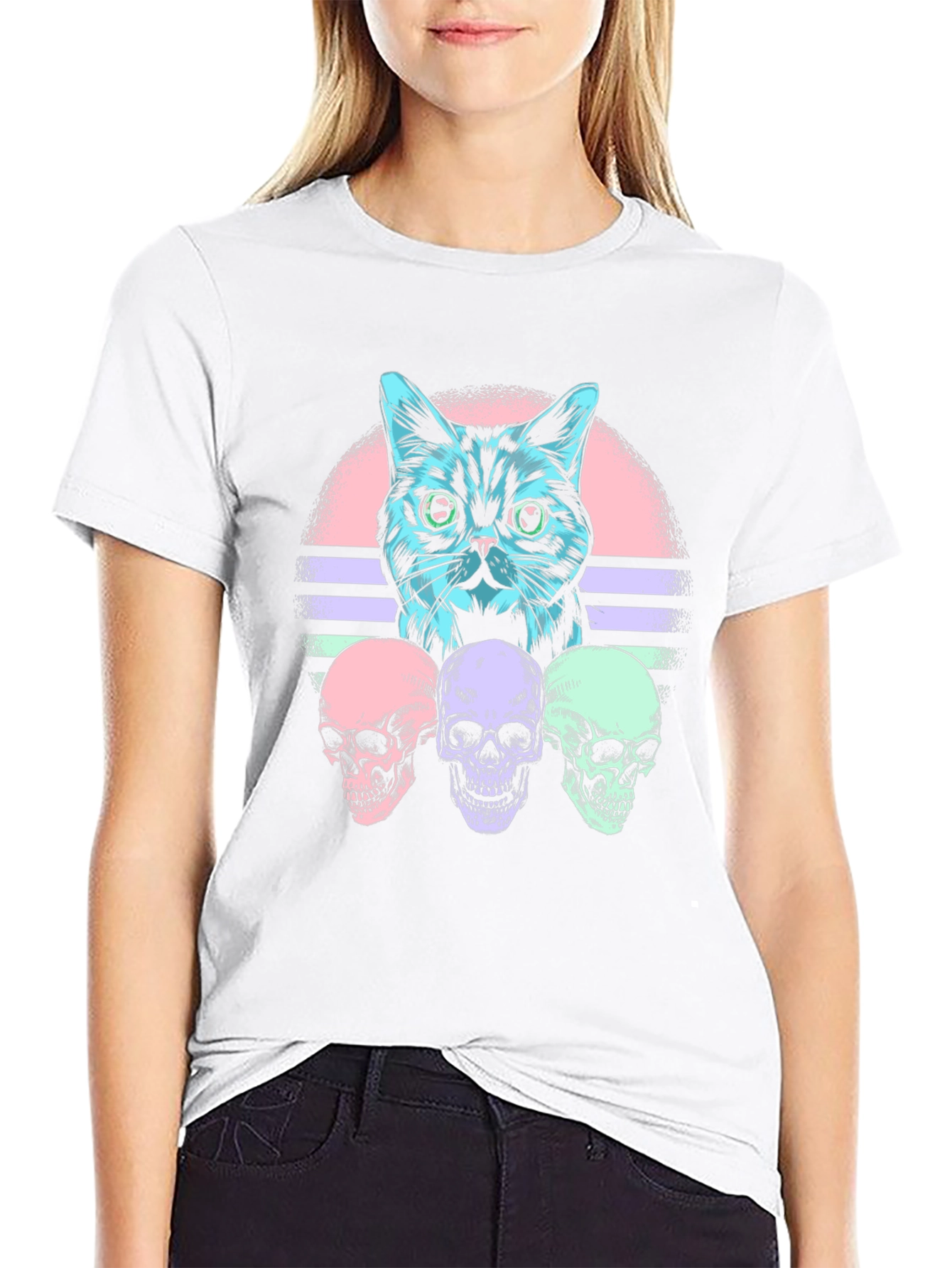 Cat & Skulls Graphic T-Shirt - Retro Style