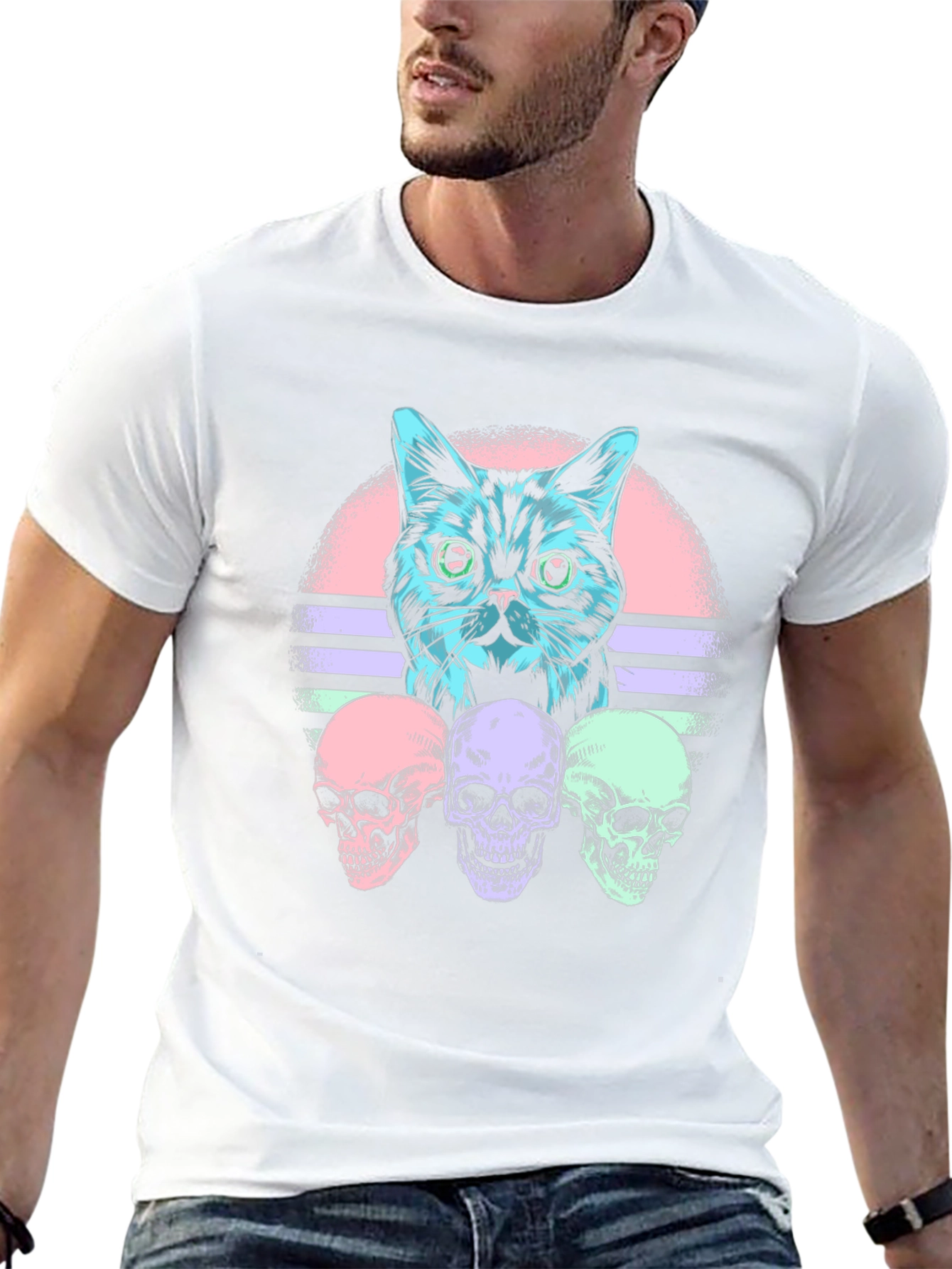 Cat & Skulls Graphic T-Shirt - Retro Style