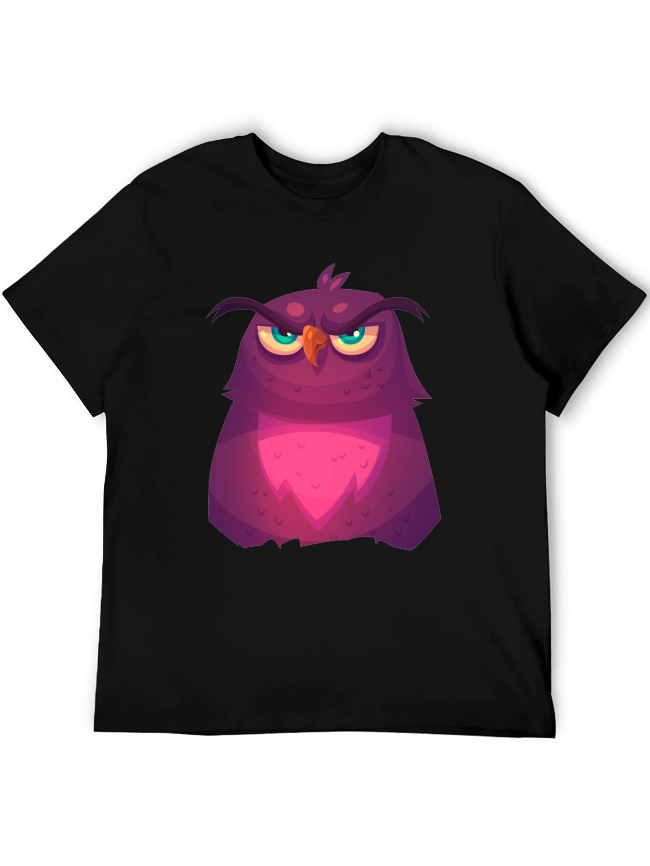 Grumpy Cartoon Owl Graphic Tee - Black Cotton T-Shirt