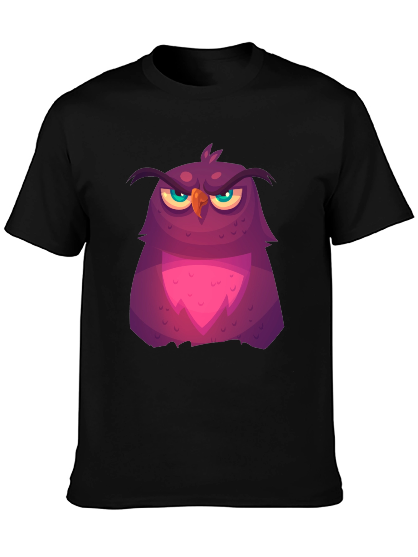 Grumpy Cartoon Owl Graphic Tee - Black Cotton T-Shirt