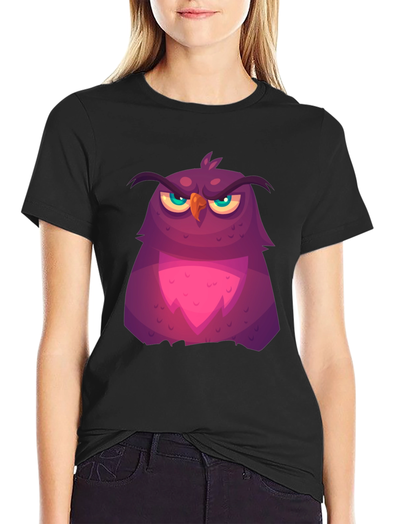 Grumpy Cartoon Owl Graphic Tee - Black Cotton T-Shirt