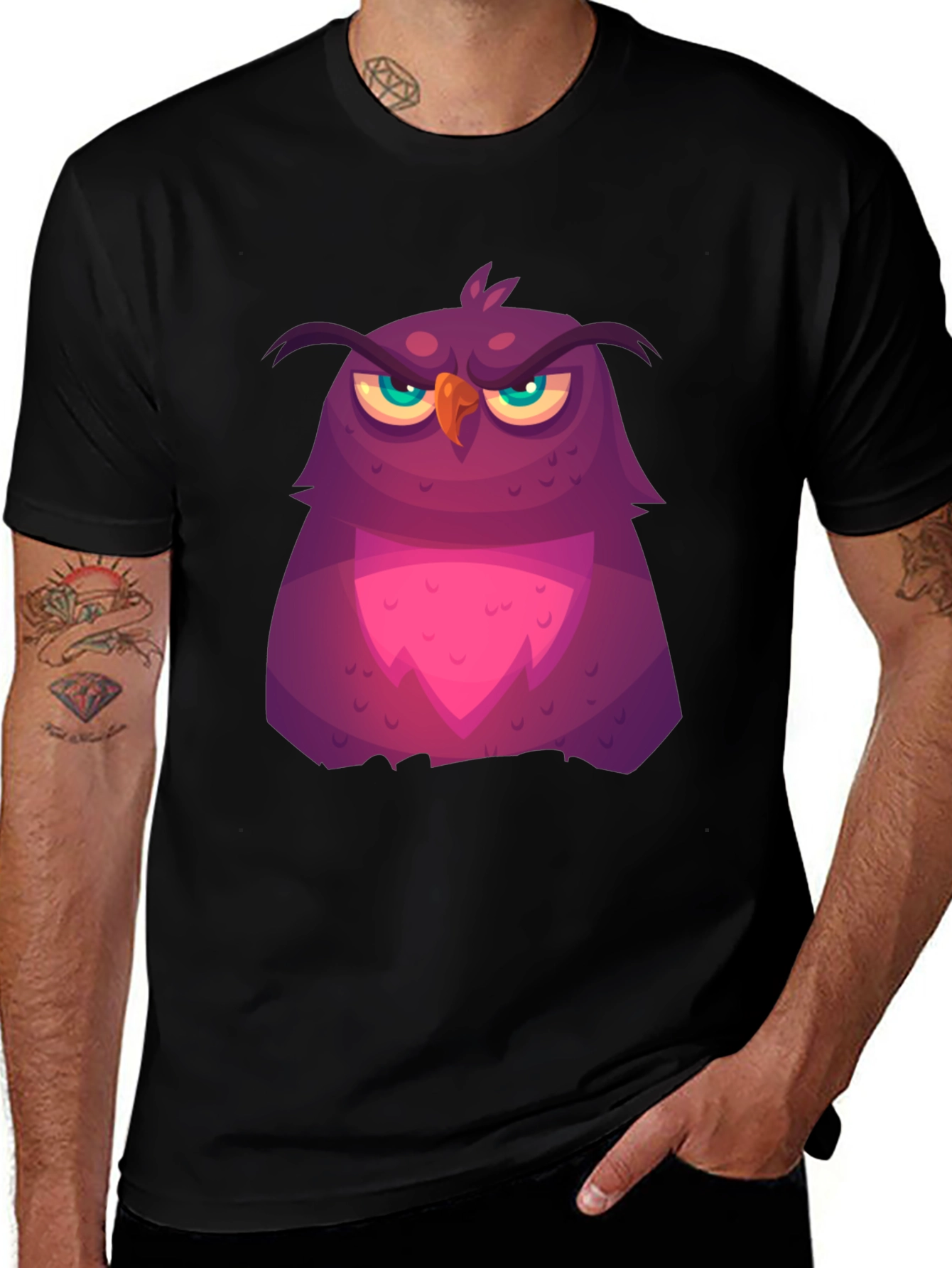 Grumpy Cartoon Owl Graphic Tee - Black Cotton T-Shirt