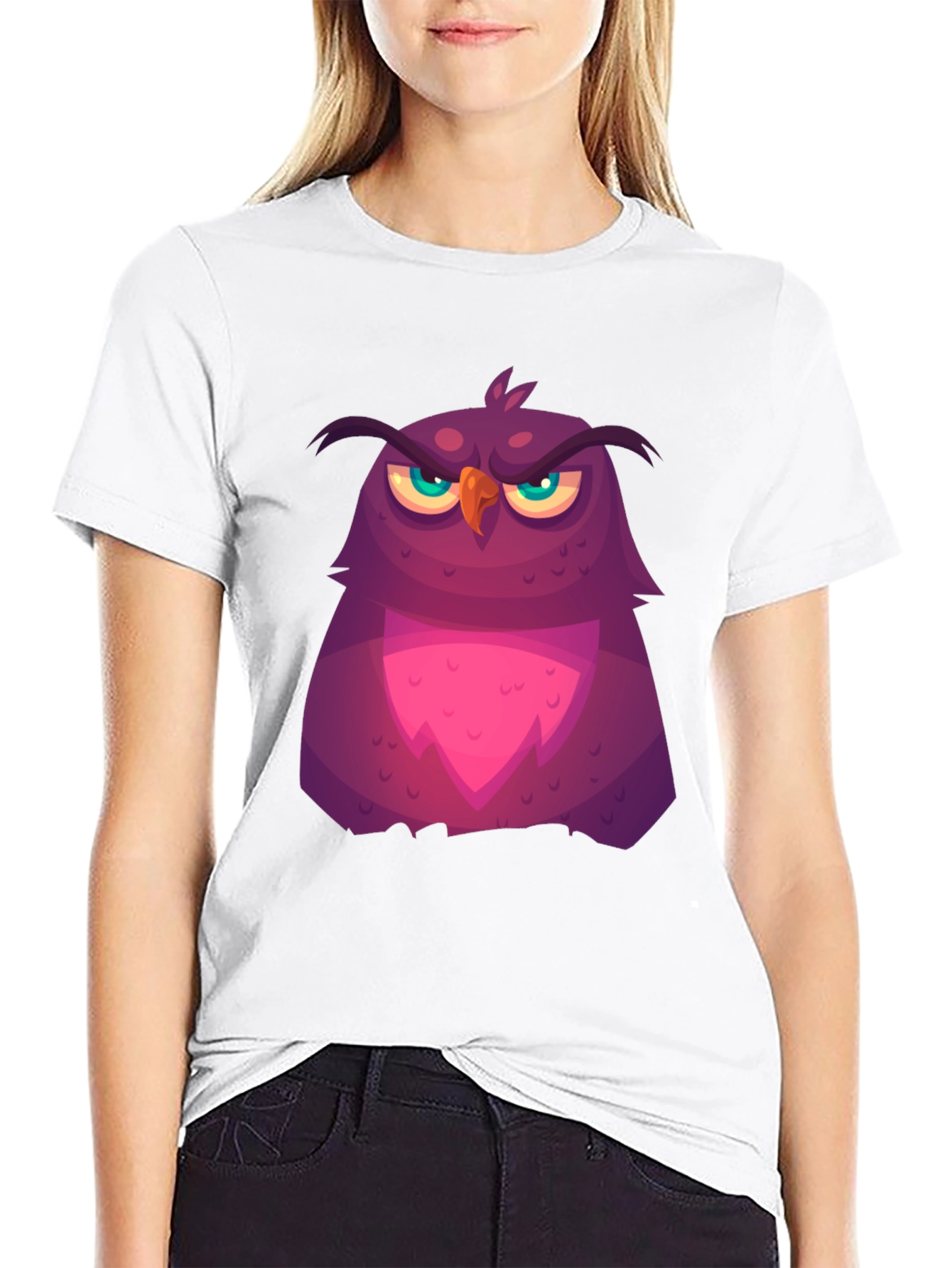 Grumpy Cartoon Owl Graphic Tee - Black Cotton T-Shirt