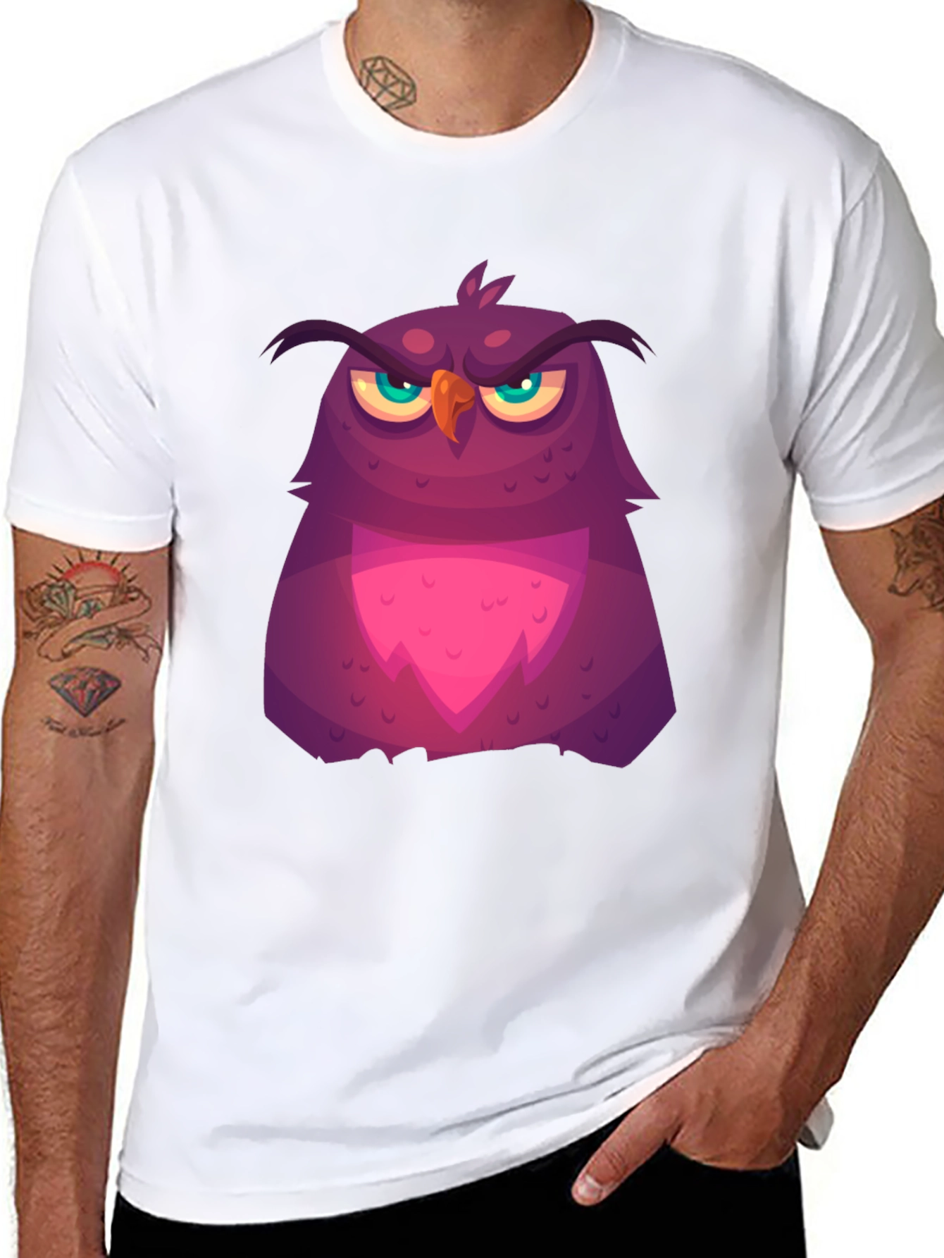 Grumpy Cartoon Owl Graphic Tee - Black Cotton T-Shirt