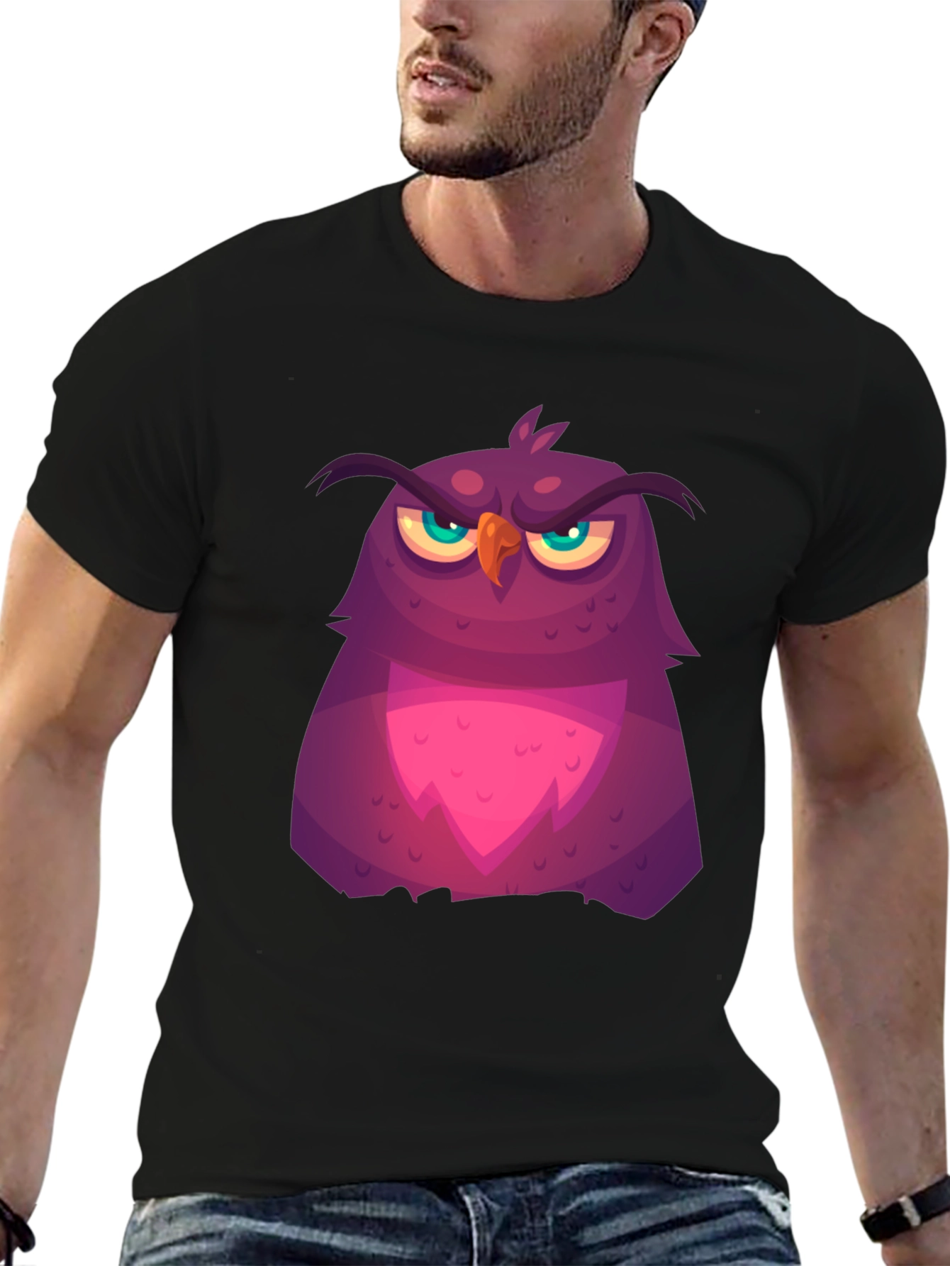 Grumpy Cartoon Owl Graphic Tee - Black Cotton T-Shirt