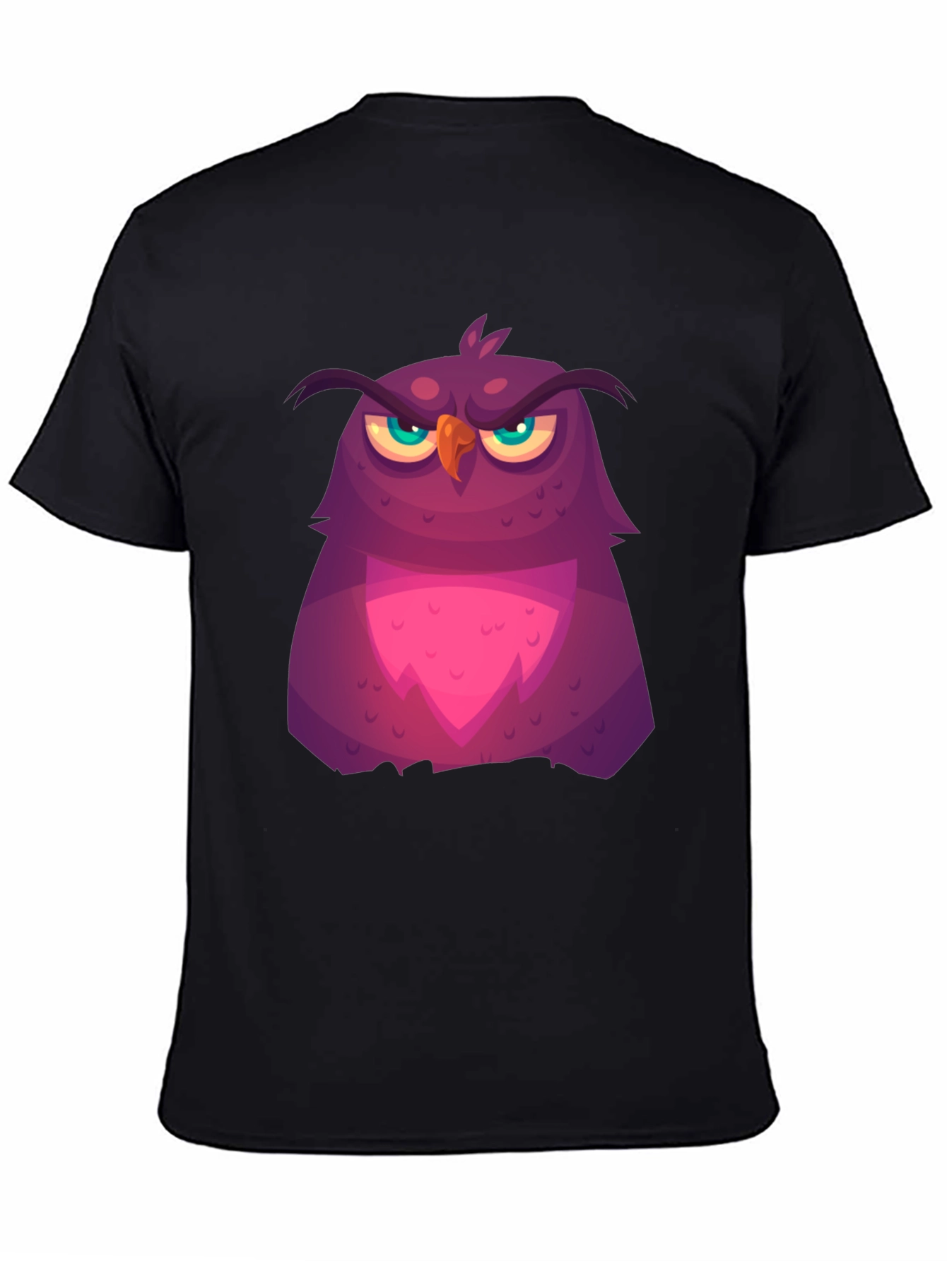 Grumpy Cartoon Owl Graphic Tee - Black Cotton T-Shirt