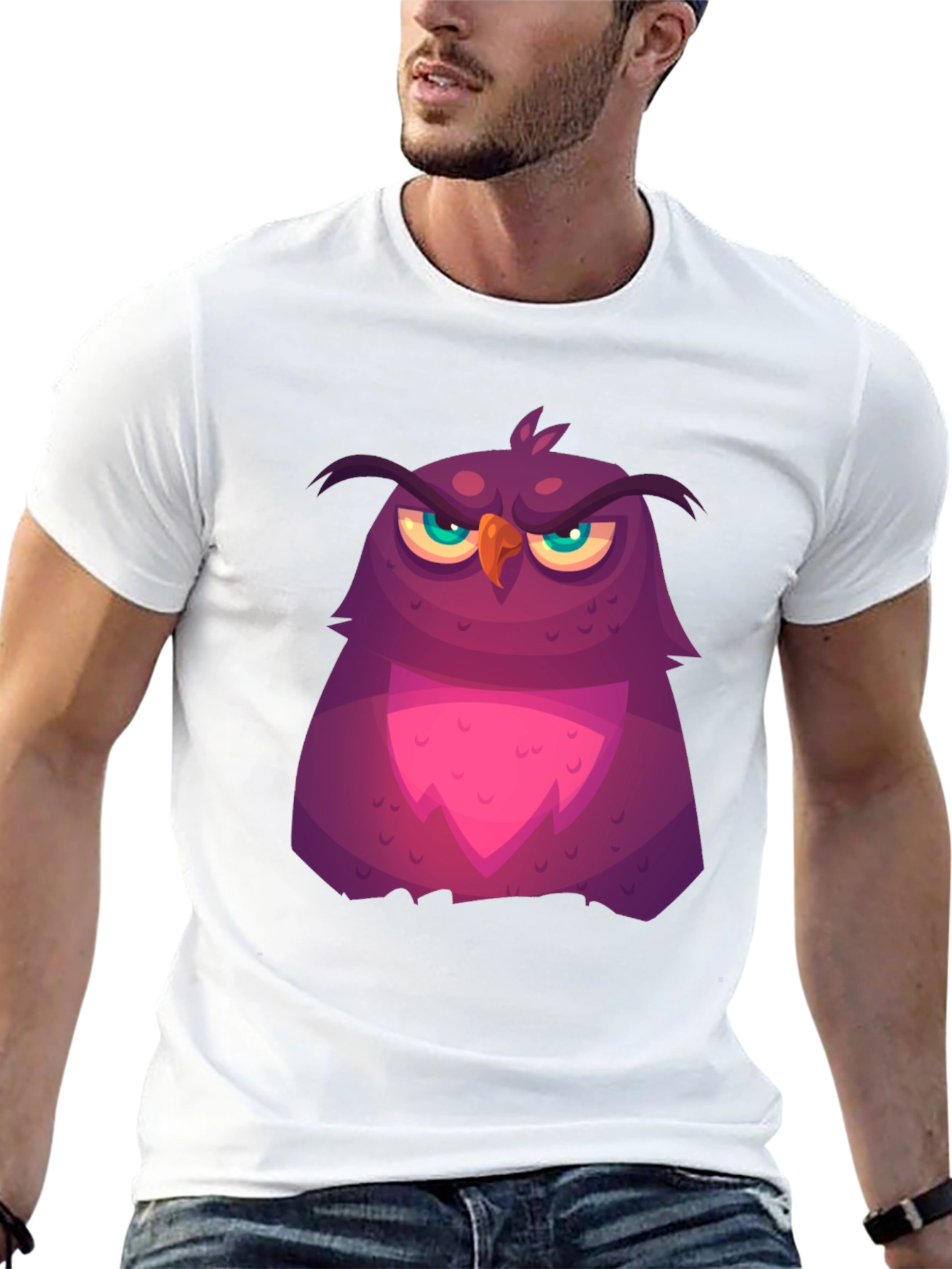 Grumpy Cartoon Owl Graphic Tee - Black Cotton T-Shirt
