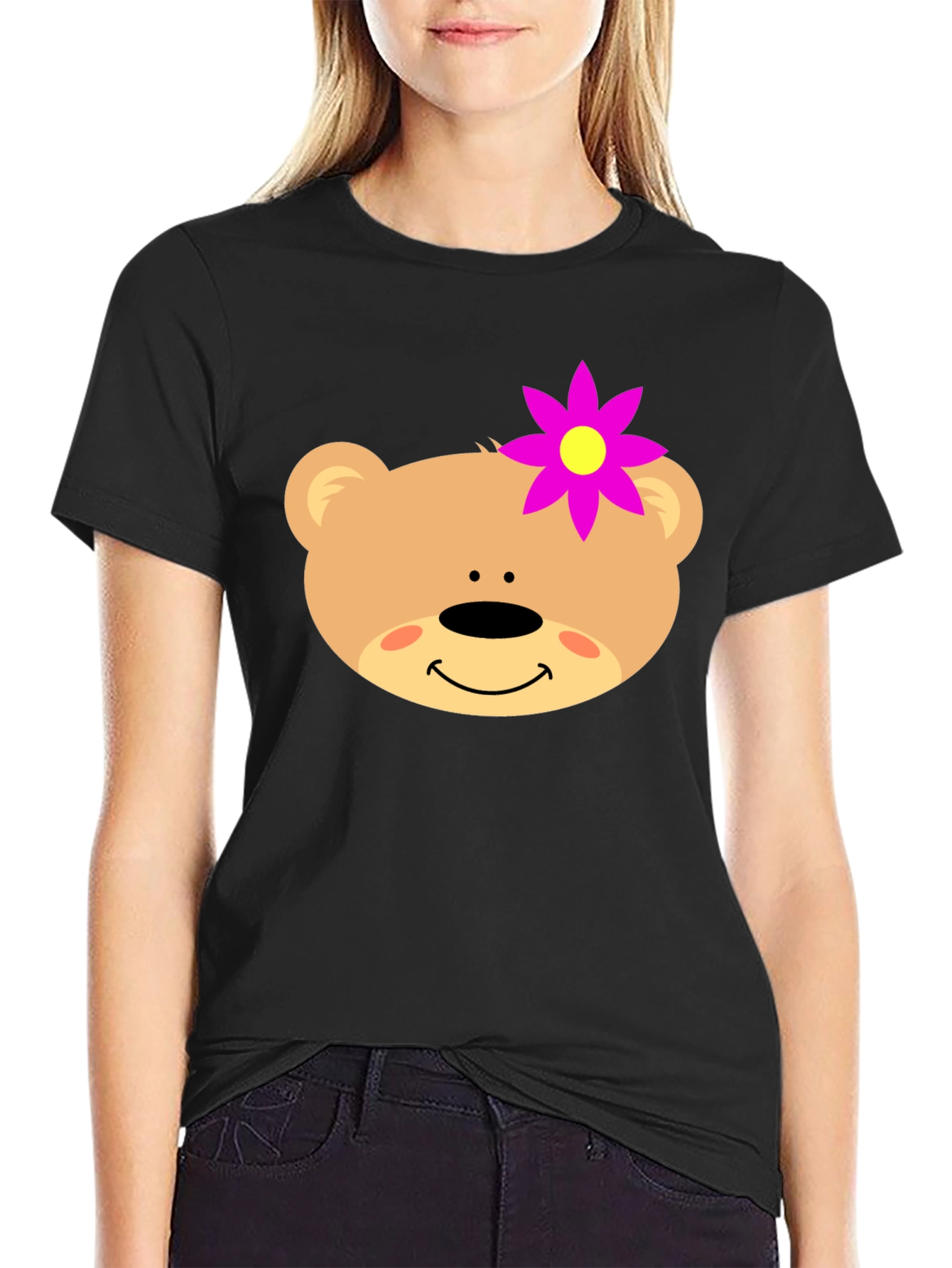Cute Bear Face T-Shirt with Flower