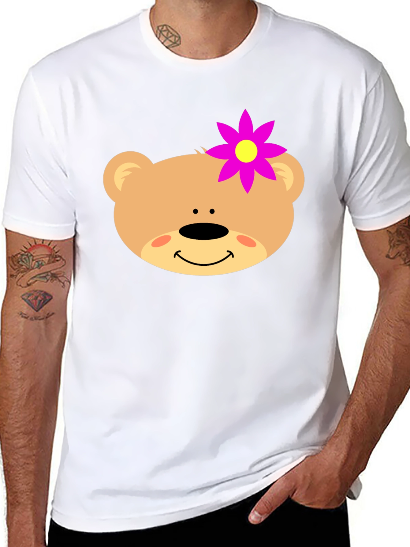 Cute Bear Face T-Shirt with Flower