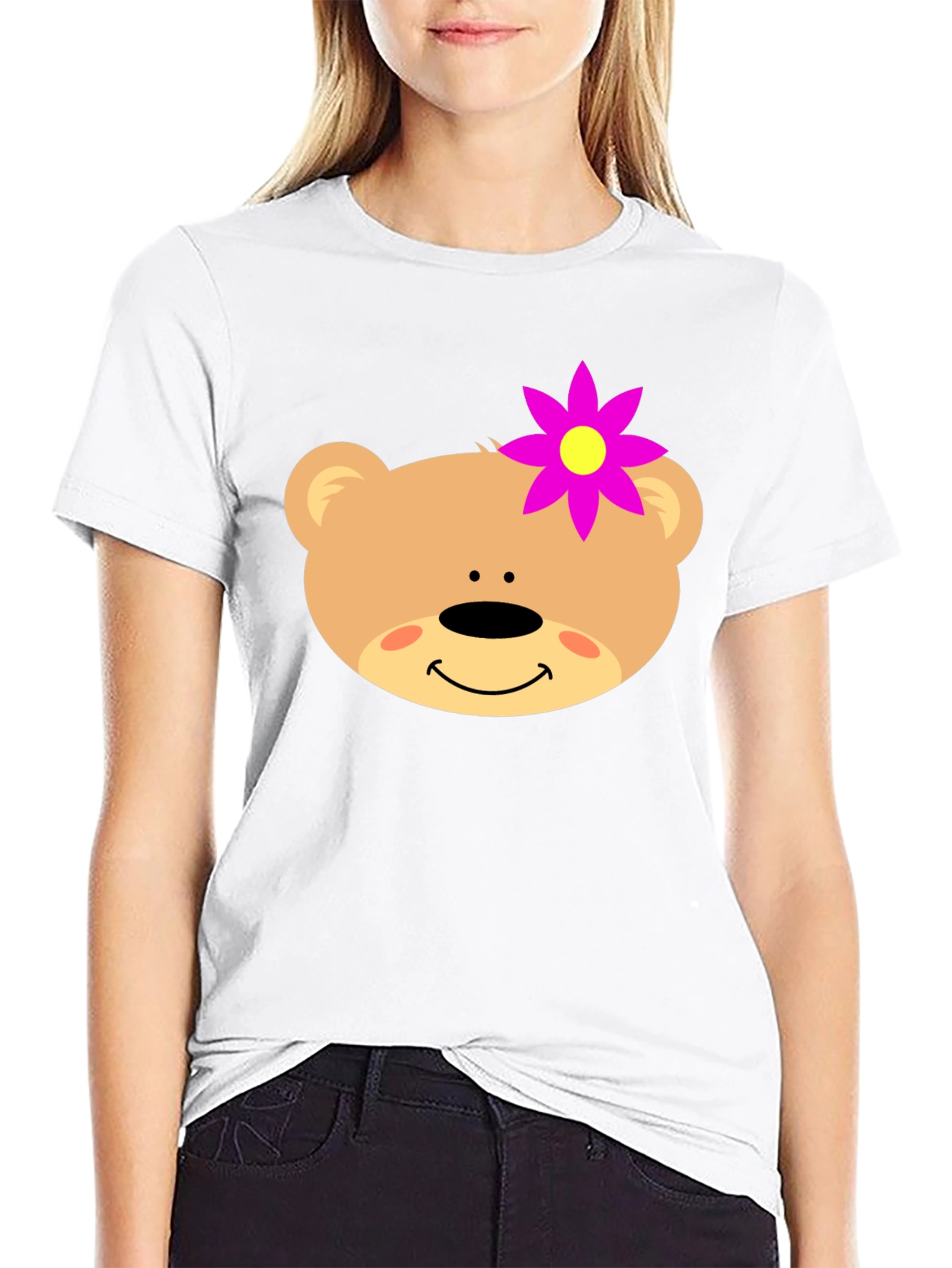 Cute Bear Face T-Shirt with Flower