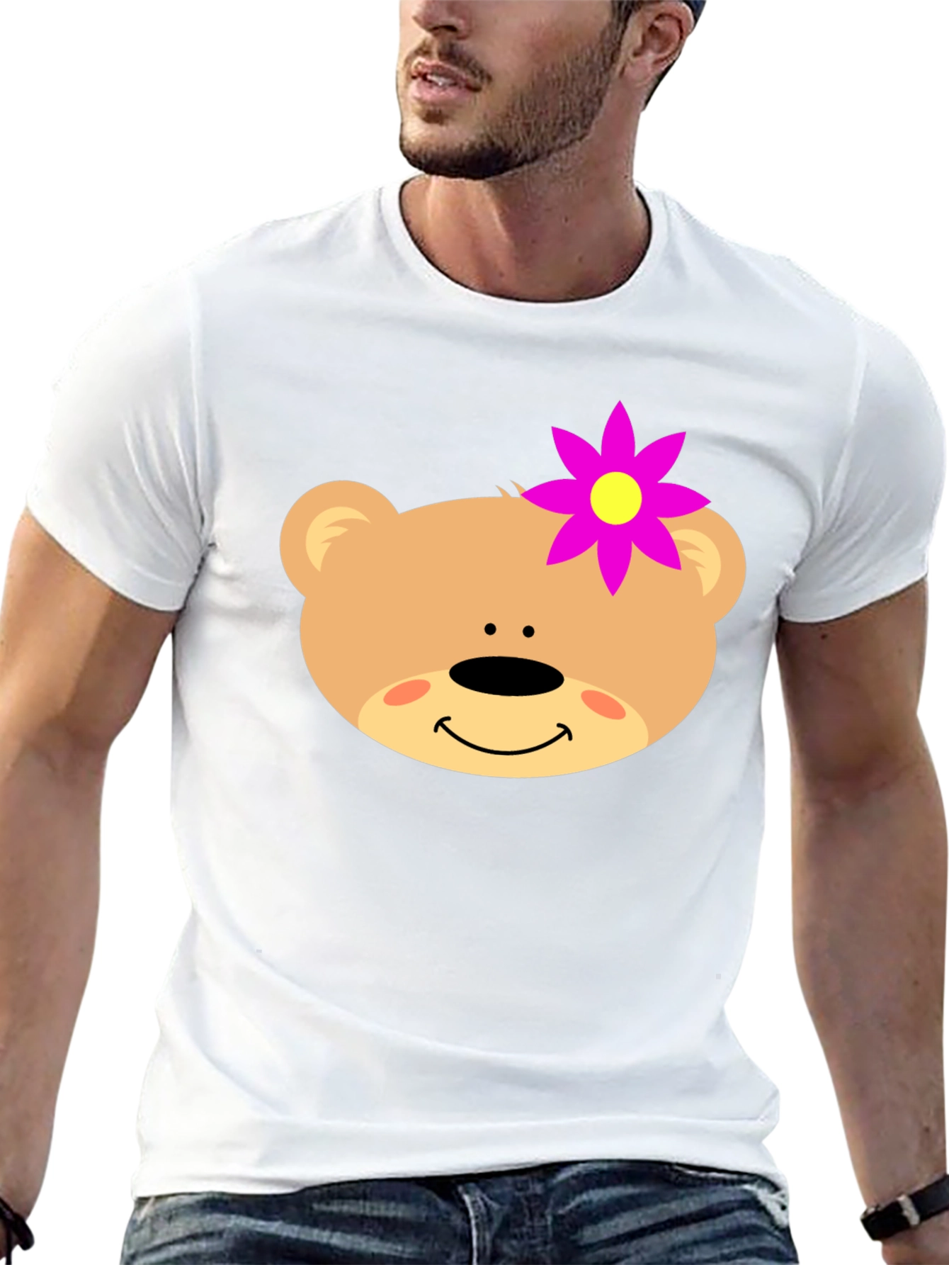 Cute Bear Face T-Shirt with Flower